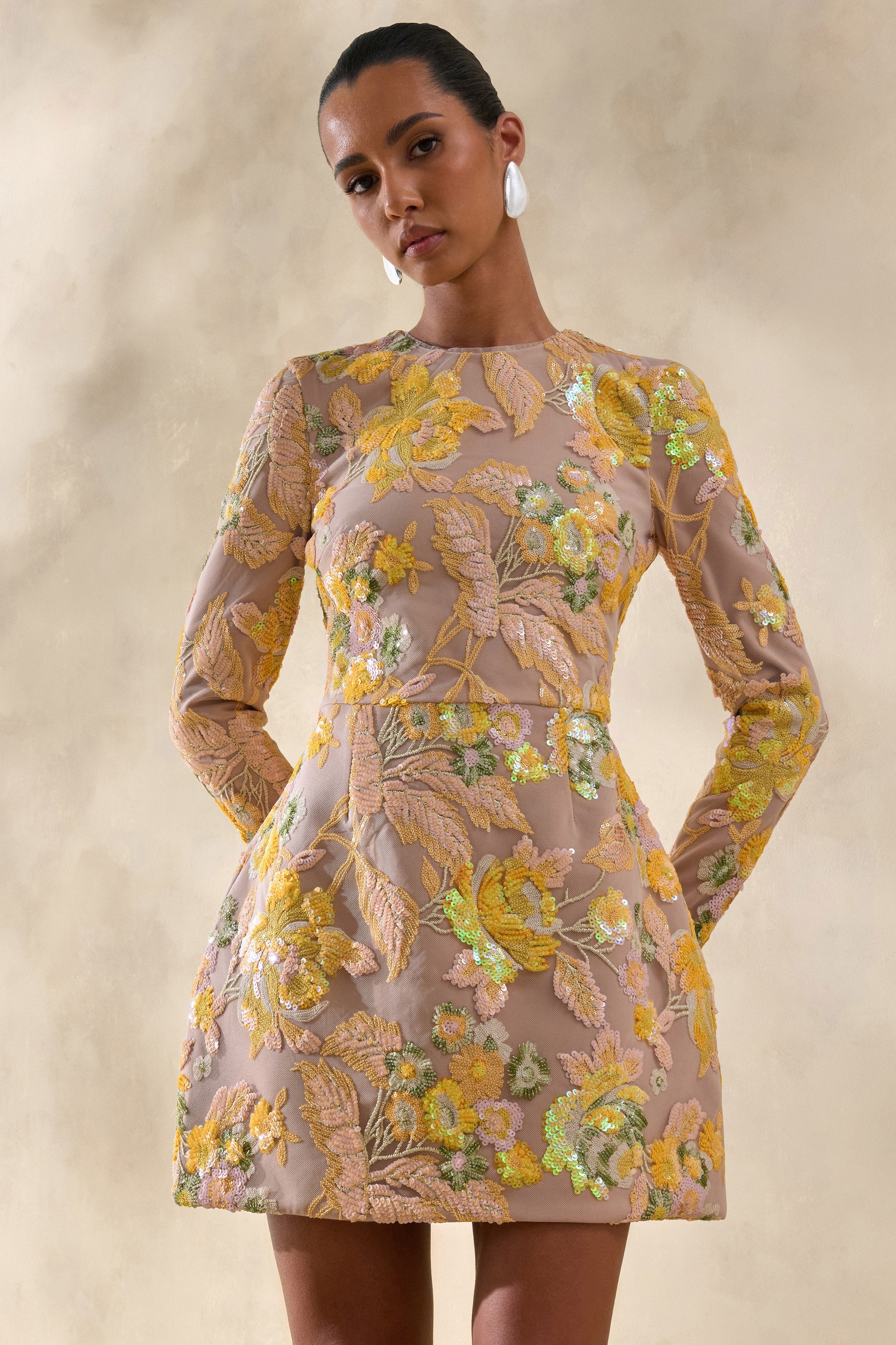 Merdia | Yellow Embellished Floral Crew-Neck Mini Dress