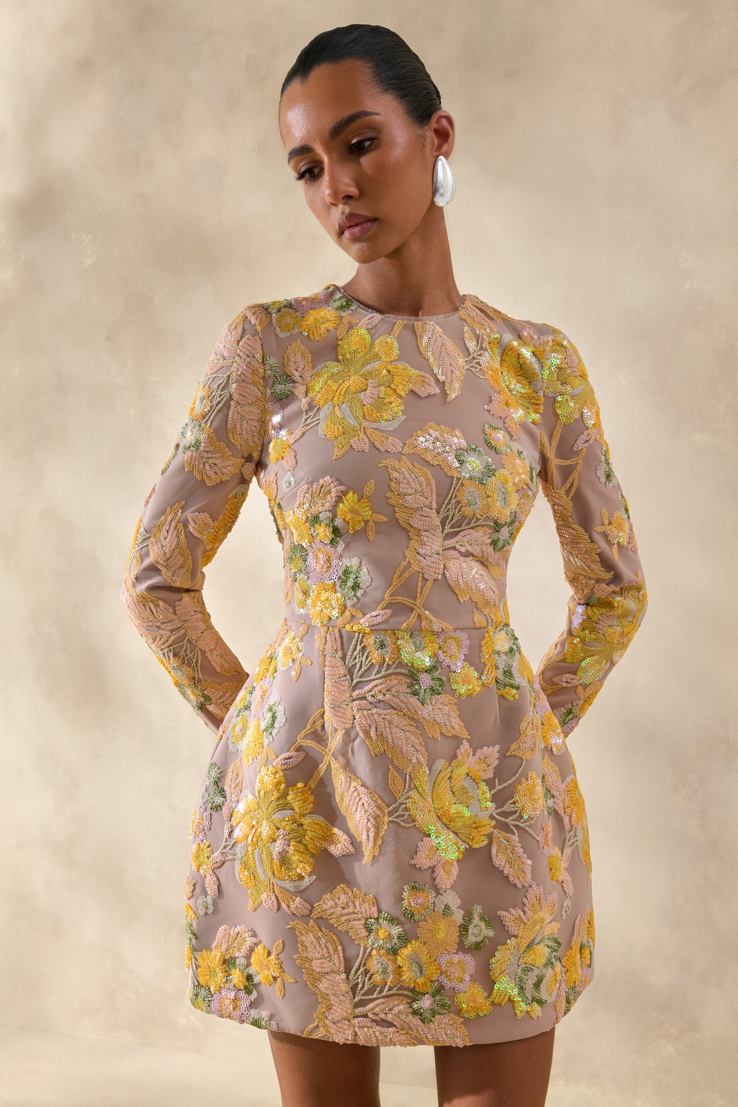 Merdia | Yellow Embellished Floral Crew-Neck Mini Dress