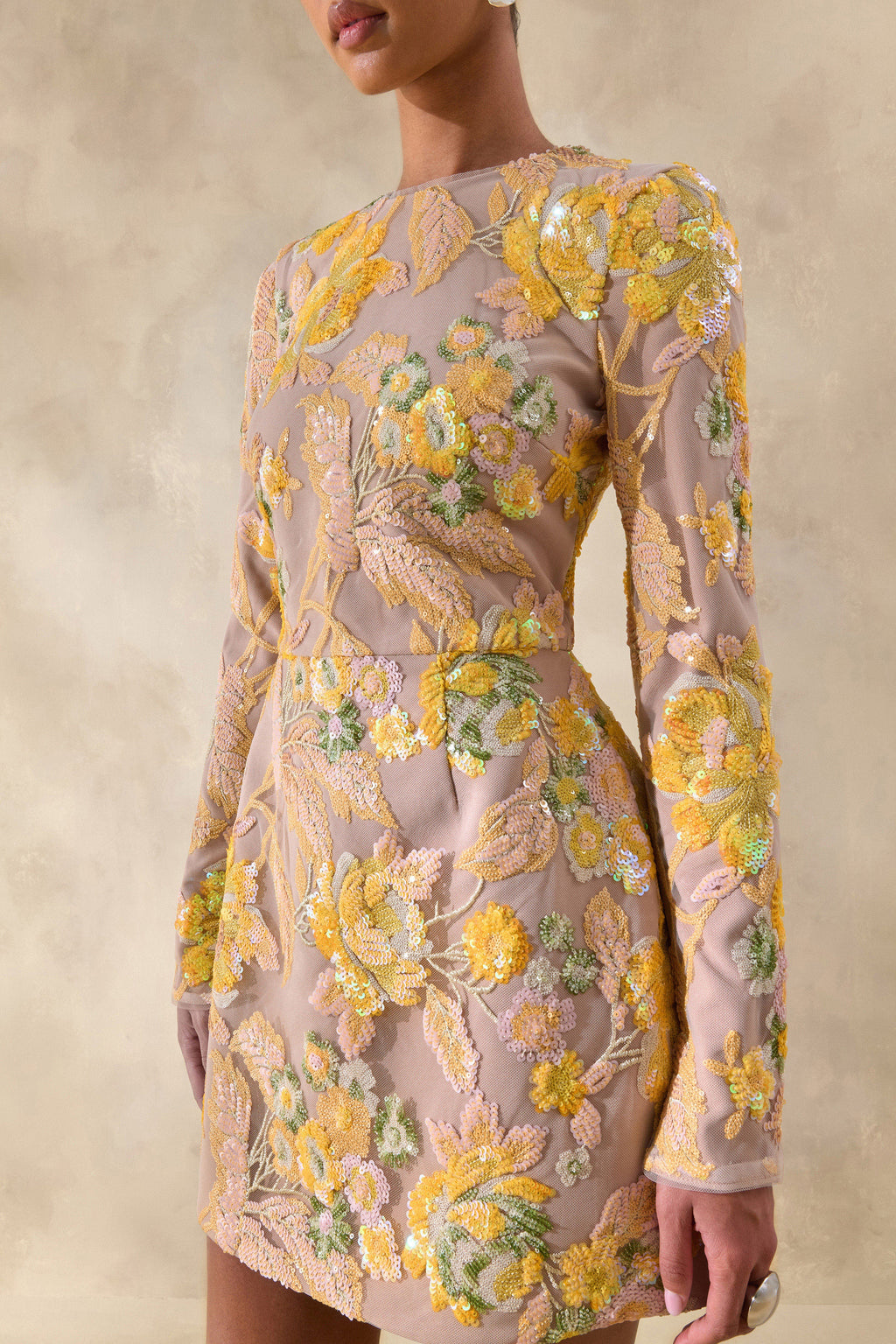 Merdia | Yellow Embellished Floral Crew-Neck Mini Dress