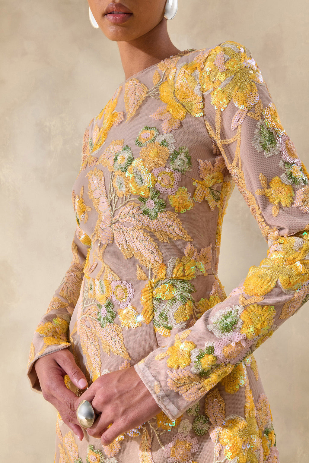 Merdia | Yellow Embellished Floral Crew-Neck Mini Dress