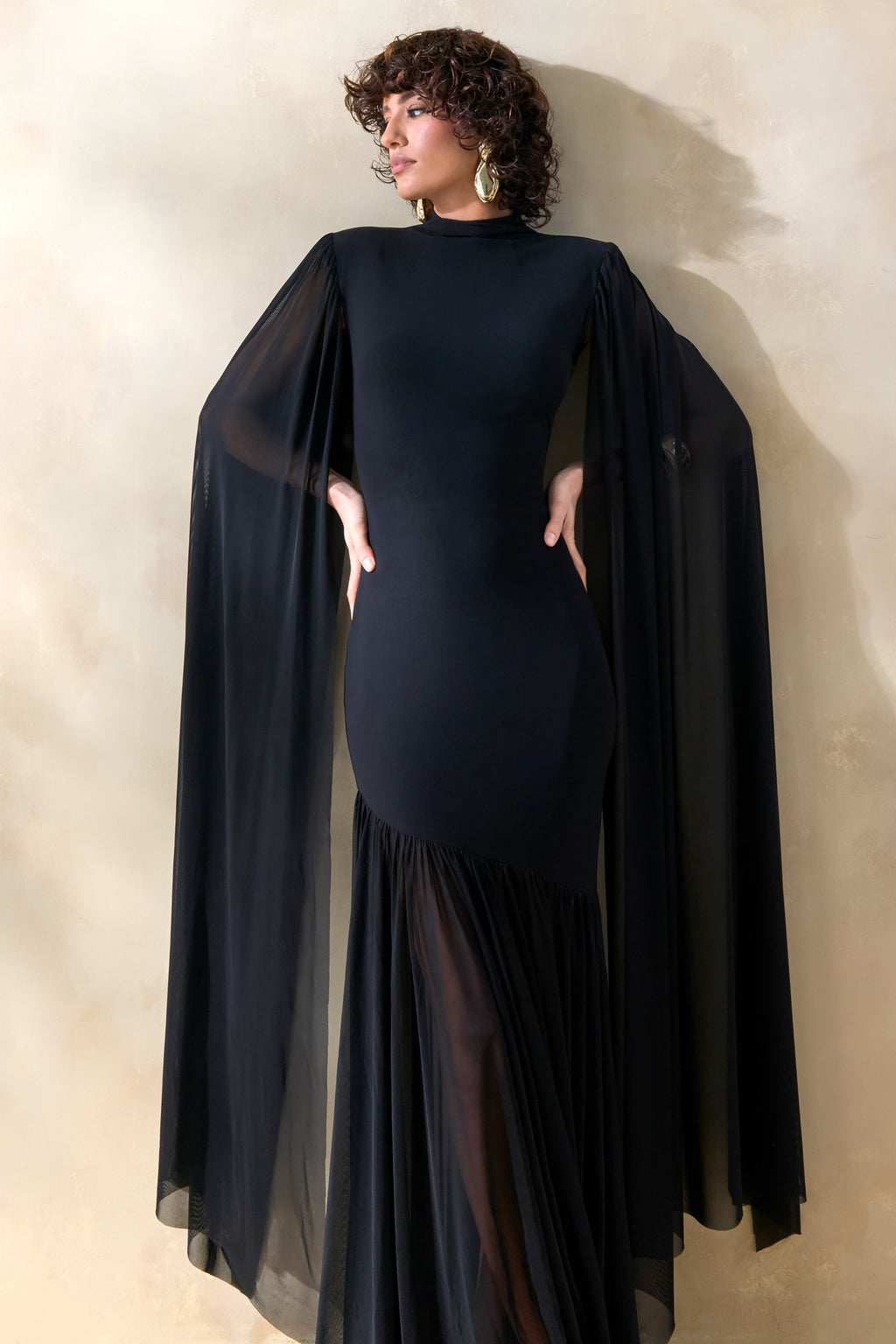 Chantelle | Black High-Neck Maxi Dress With Drop-Waist And Cape-Sleeves