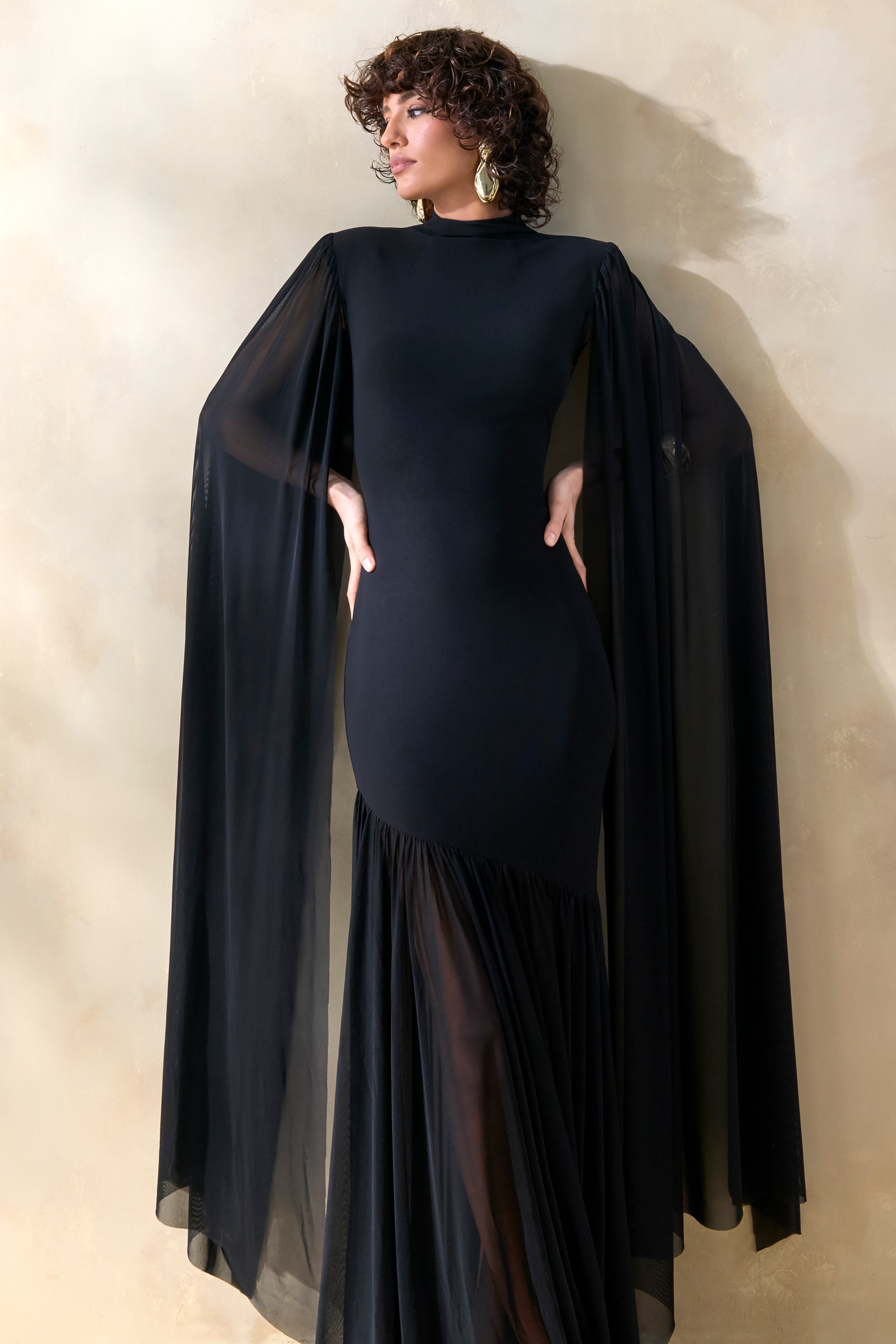 Chantelle | Black High-Neck Maxi Dress With Drop-Waist And Cape-Sleeves