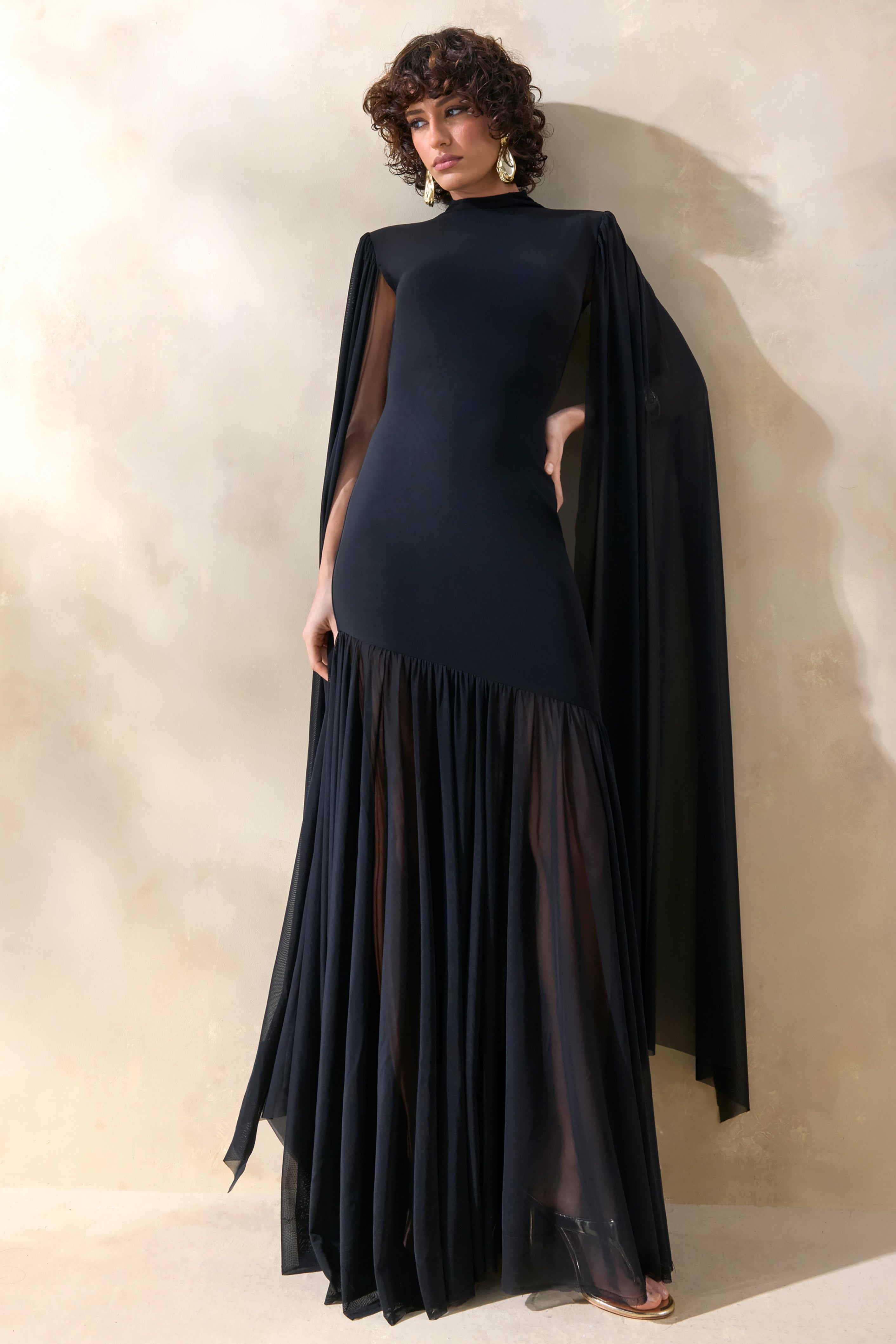 Chantelle | Black High-Neck Maxi Dress With Drop-Waist And Cape-Sleeves