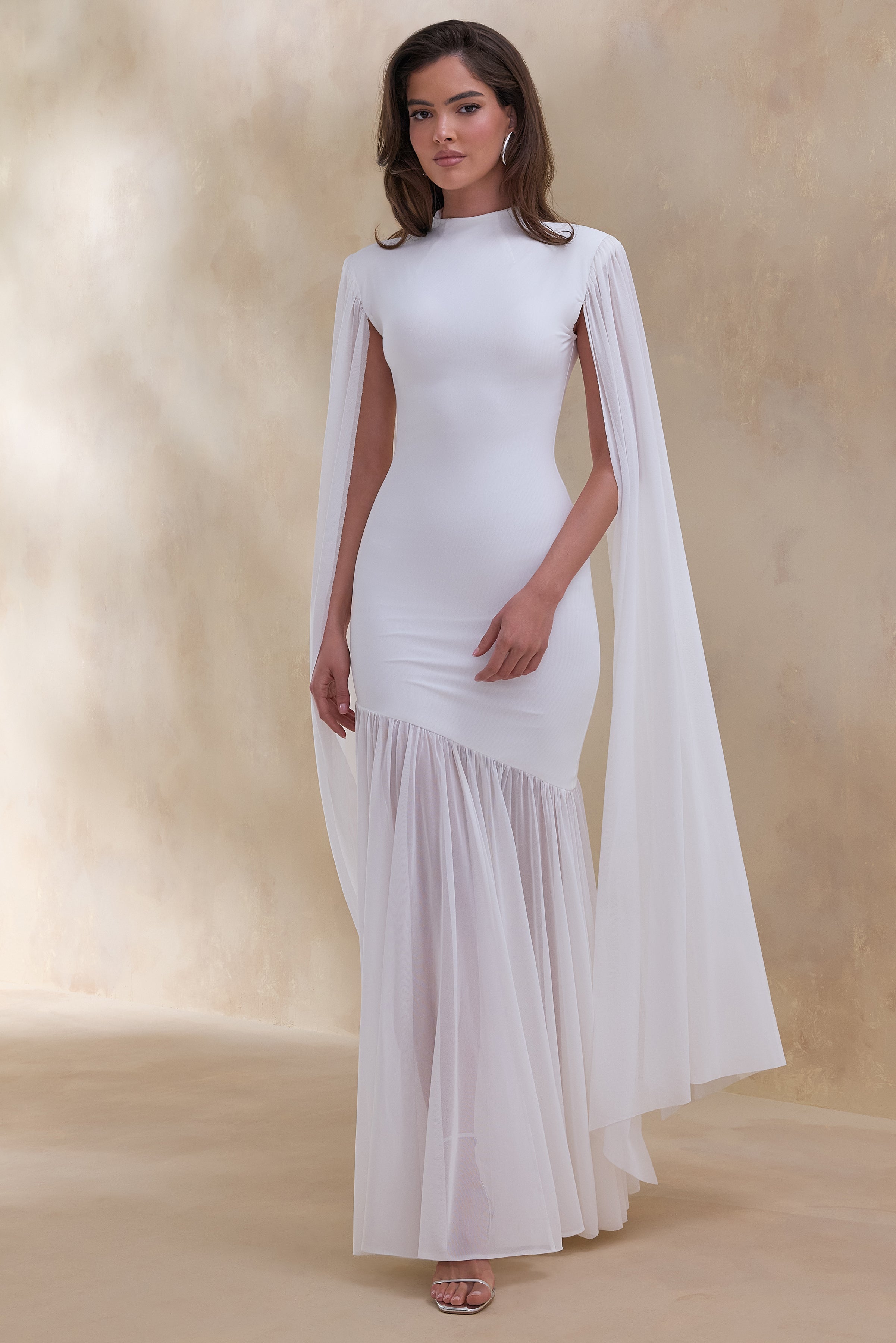 Chantelle | White High-Neck Maxi Dress With Drop-Waist And Cape-Sleeves