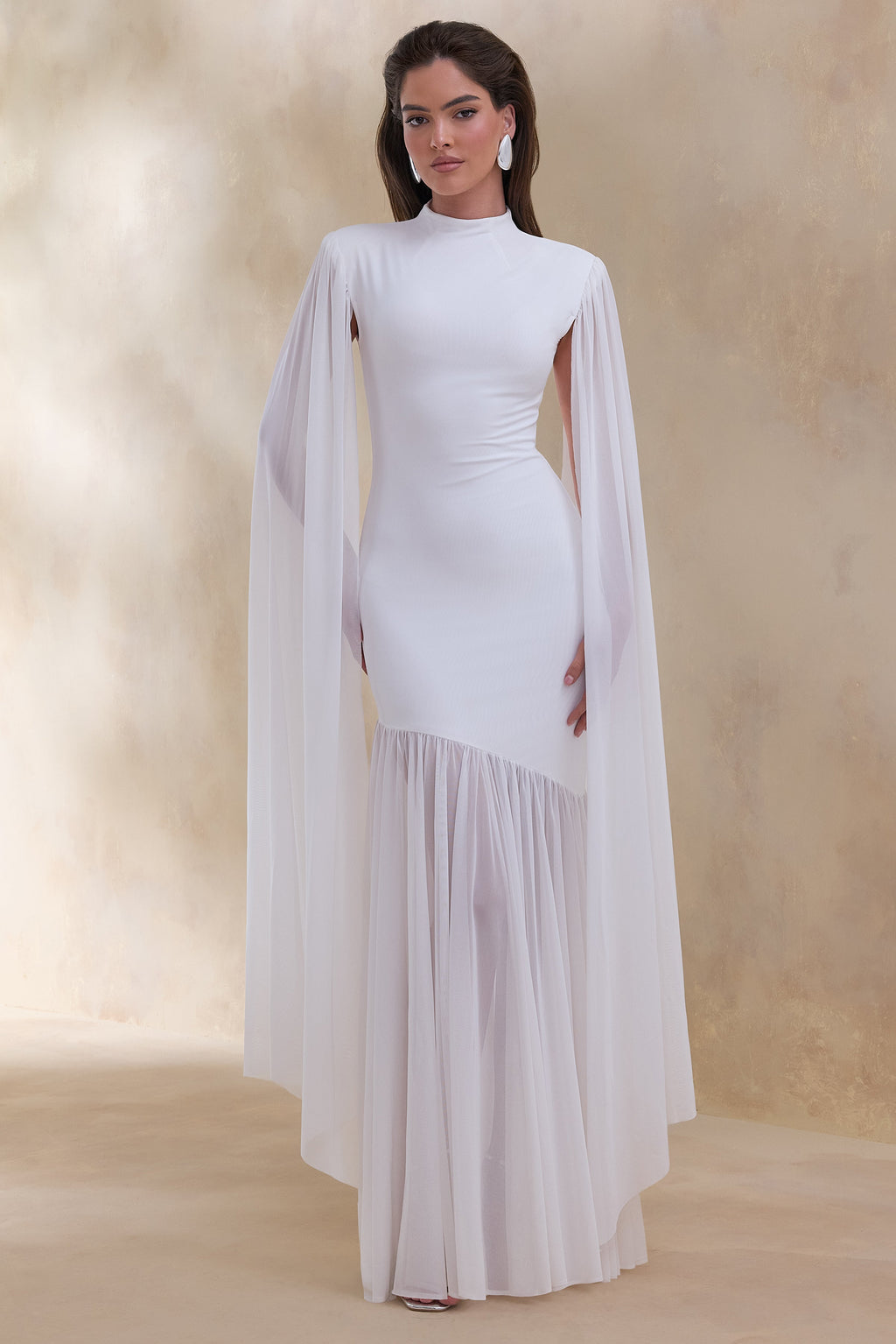 Chantelle | White High-Neck Maxi Dress With Drop-Waist And Cape-Sleeves