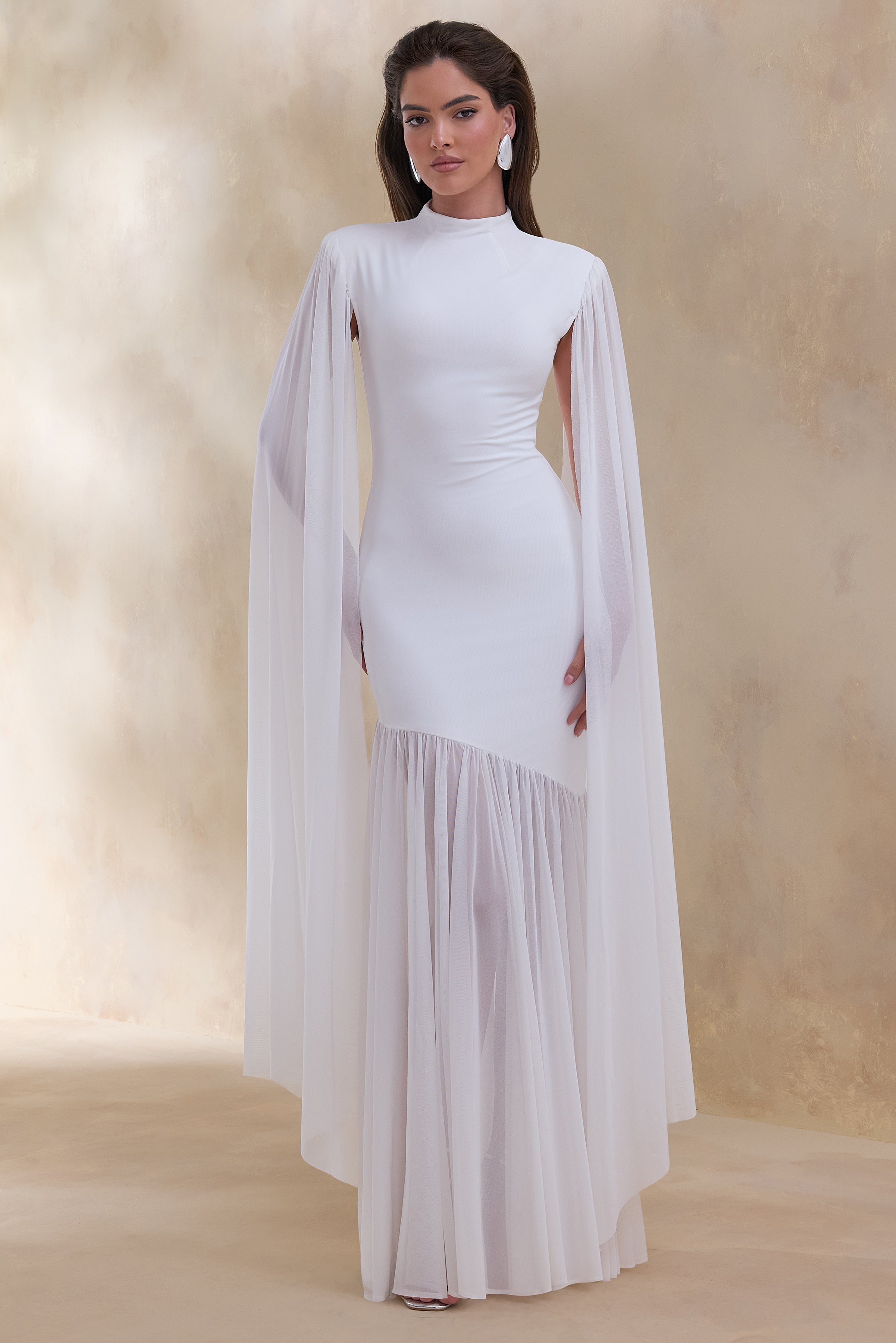 Chantelle | White High-Neck Maxi Dress With Drop-Waist And Cape-Sleeves