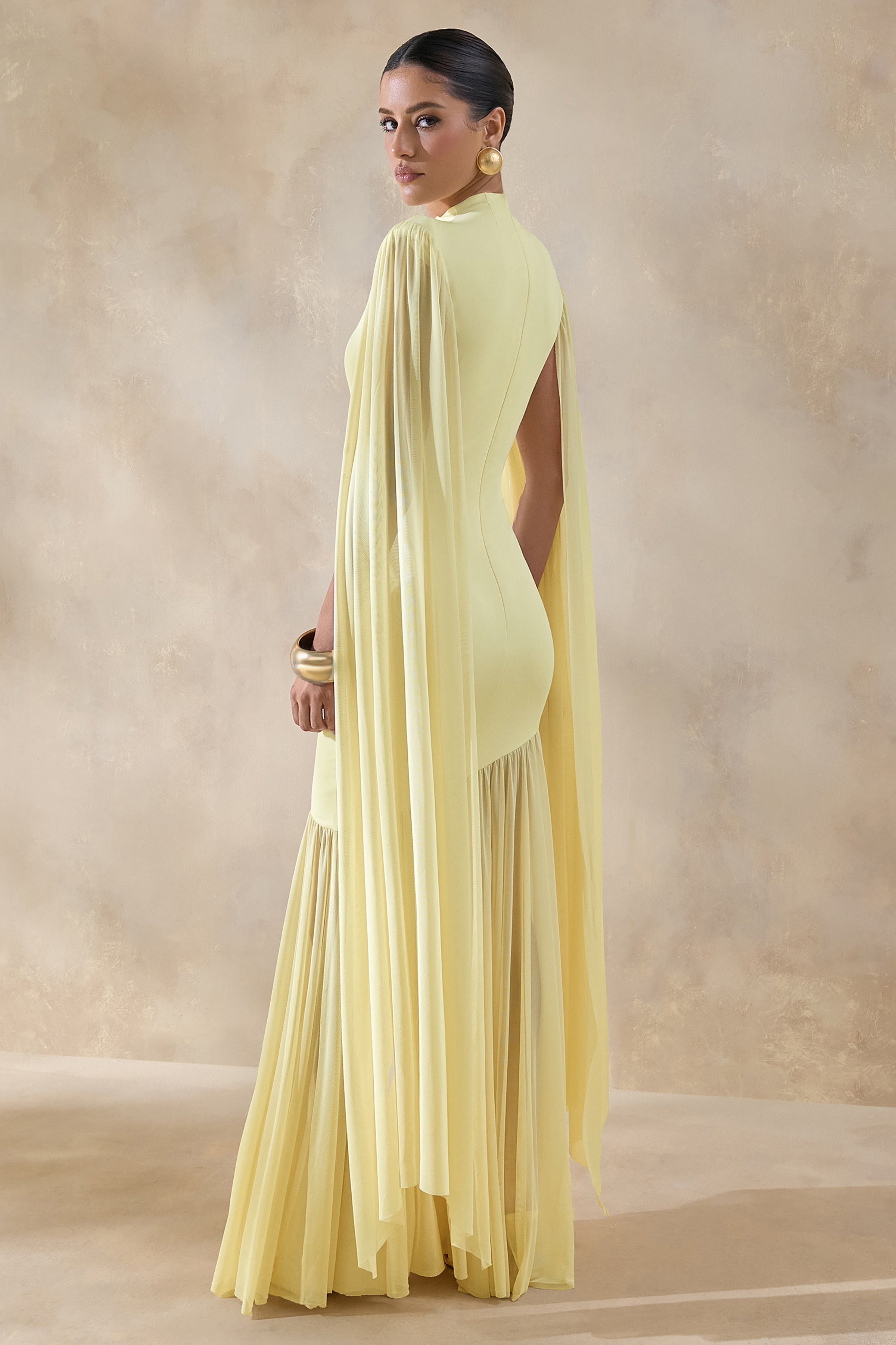 Chantelle | Lemon High-Neck Maxi Dress With Drop-Waist And Cape-Sleeves