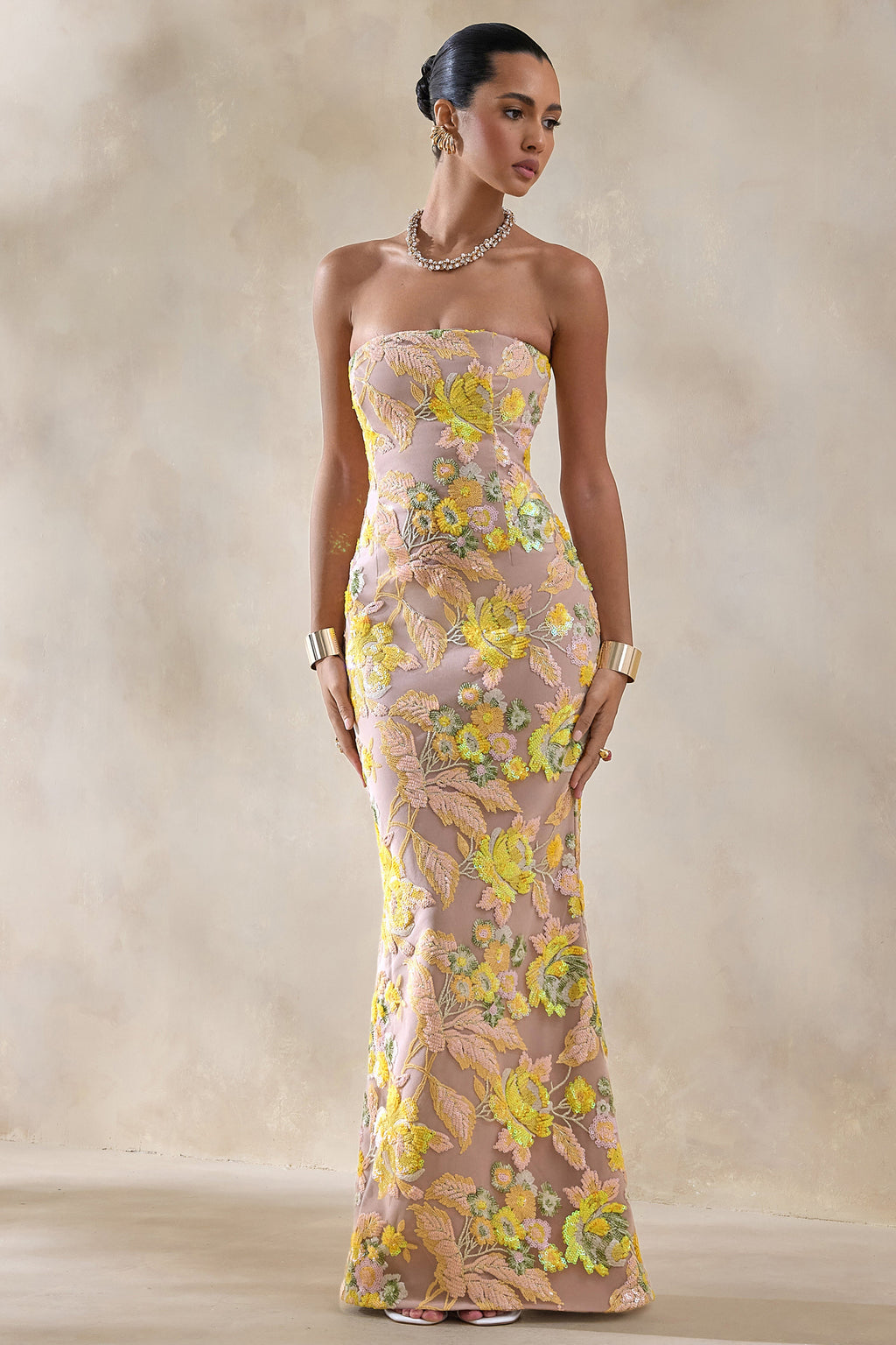 Severn | Yellow Embellished Floral Bandeau Maxi Dress
