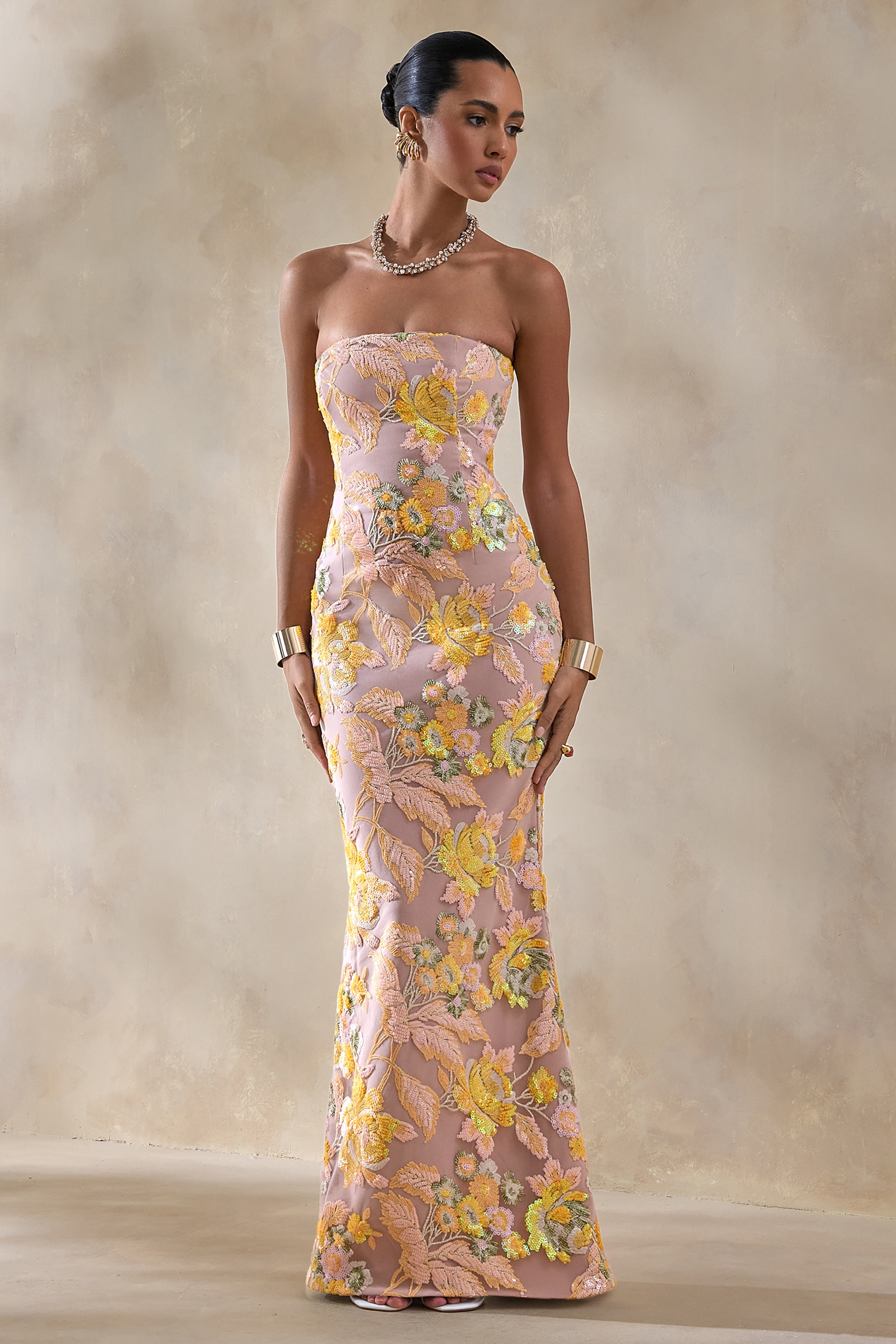 Severn | Yellow Embellished Floral Bandeau Maxi Dress