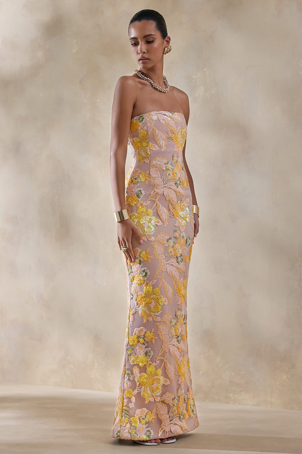 Severn | Yellow Embellished Floral Bandeau Maxi Dress