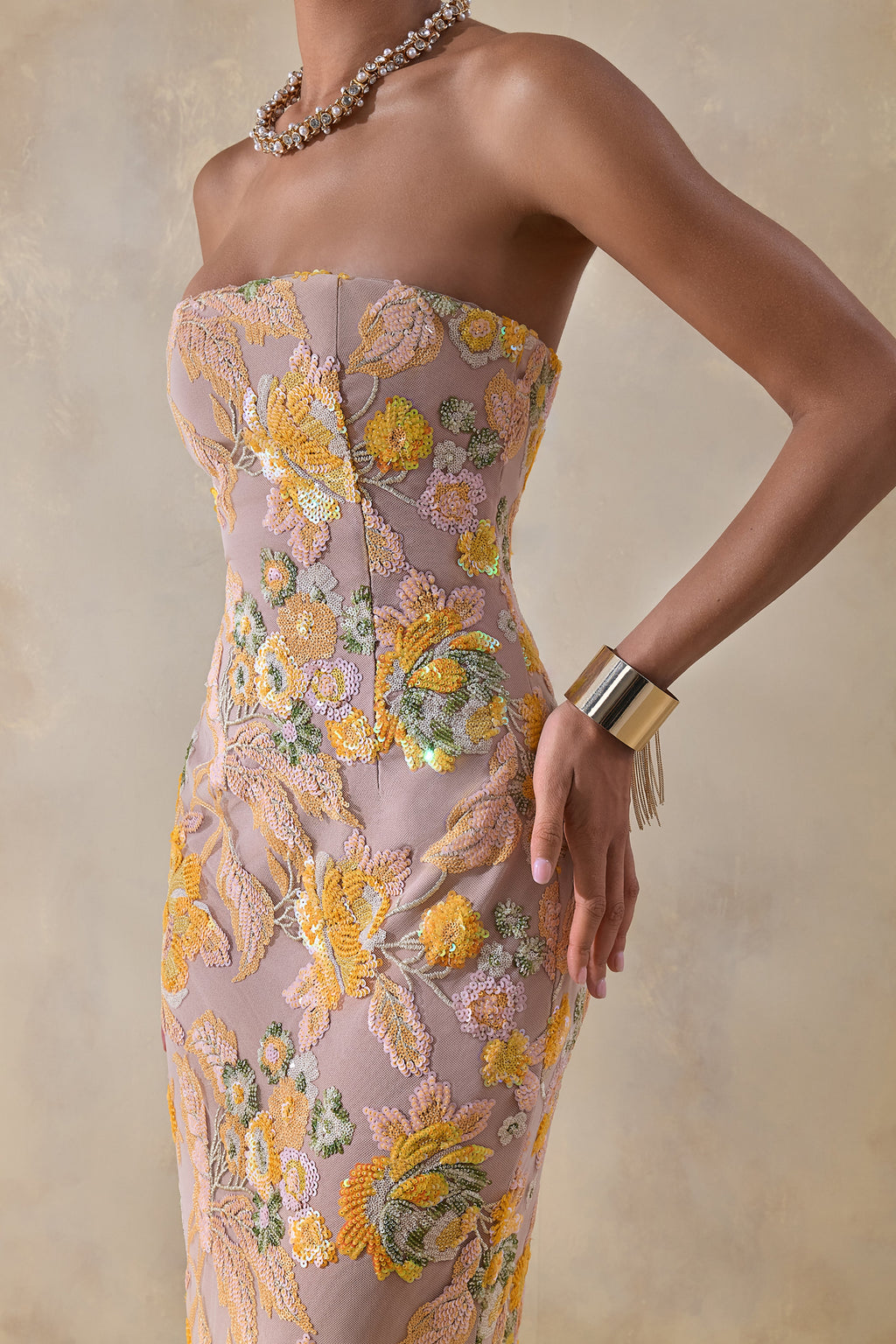 Severn | Yellow Embellished Floral Bandeau Maxi Dress