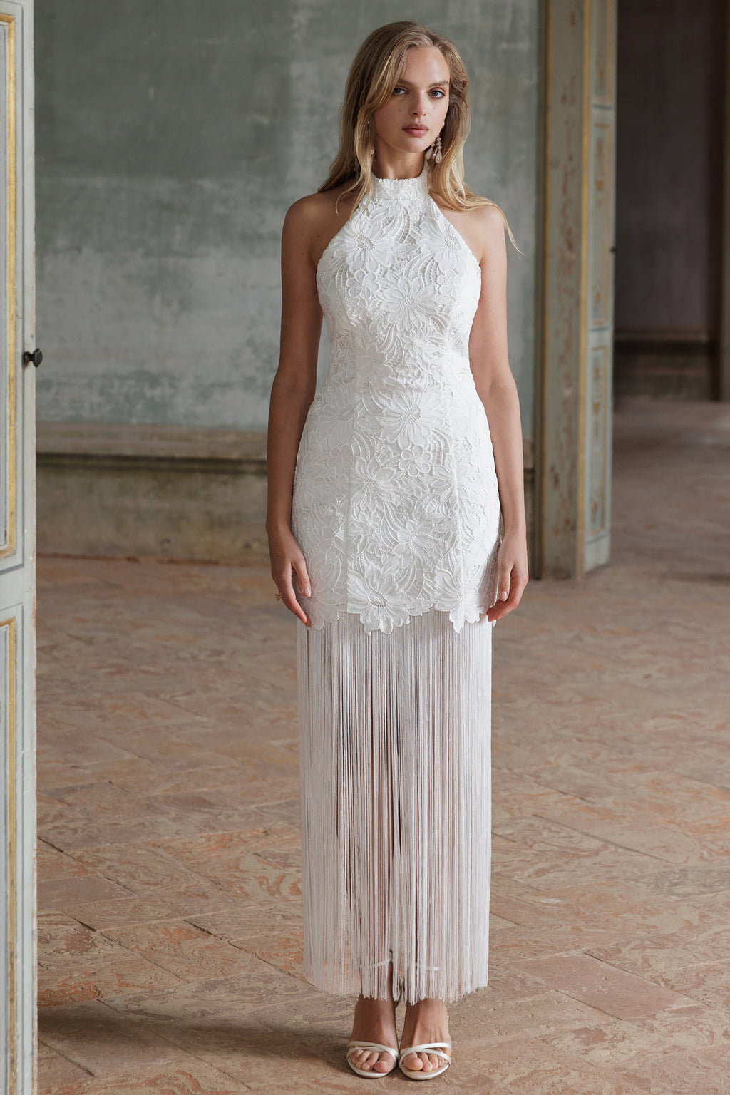 Skylar | White Lace Halter-Neck Maxi Dress With Open-Back And Bow Detail