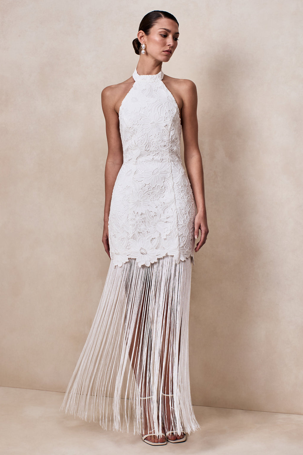 Skylar | White Lace Halter-Neck Maxi Dress With Open-Back And Bow Detail