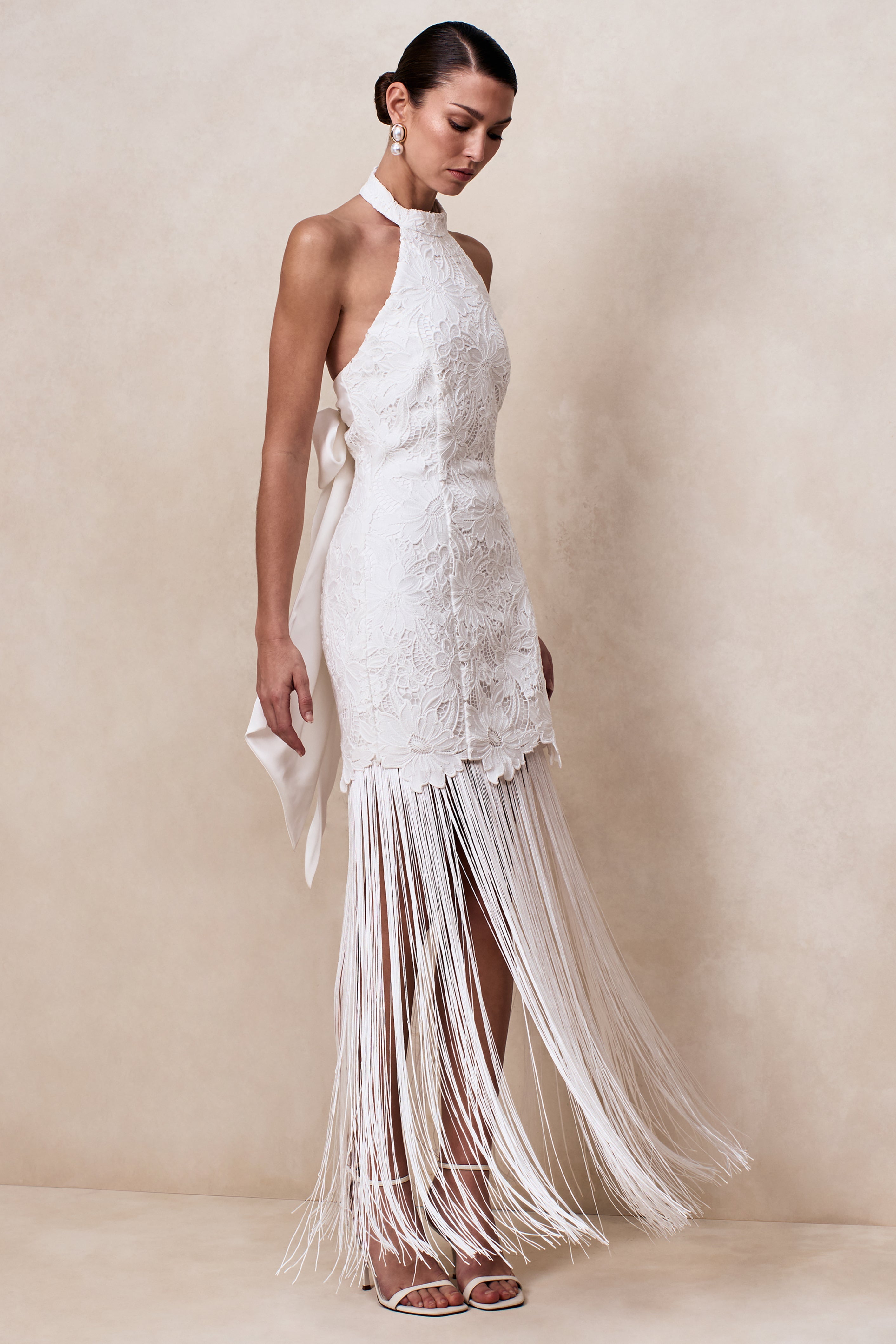 Skylar | White Lace Halter-Neck Maxi Dress With Open-Back And Bow Detail