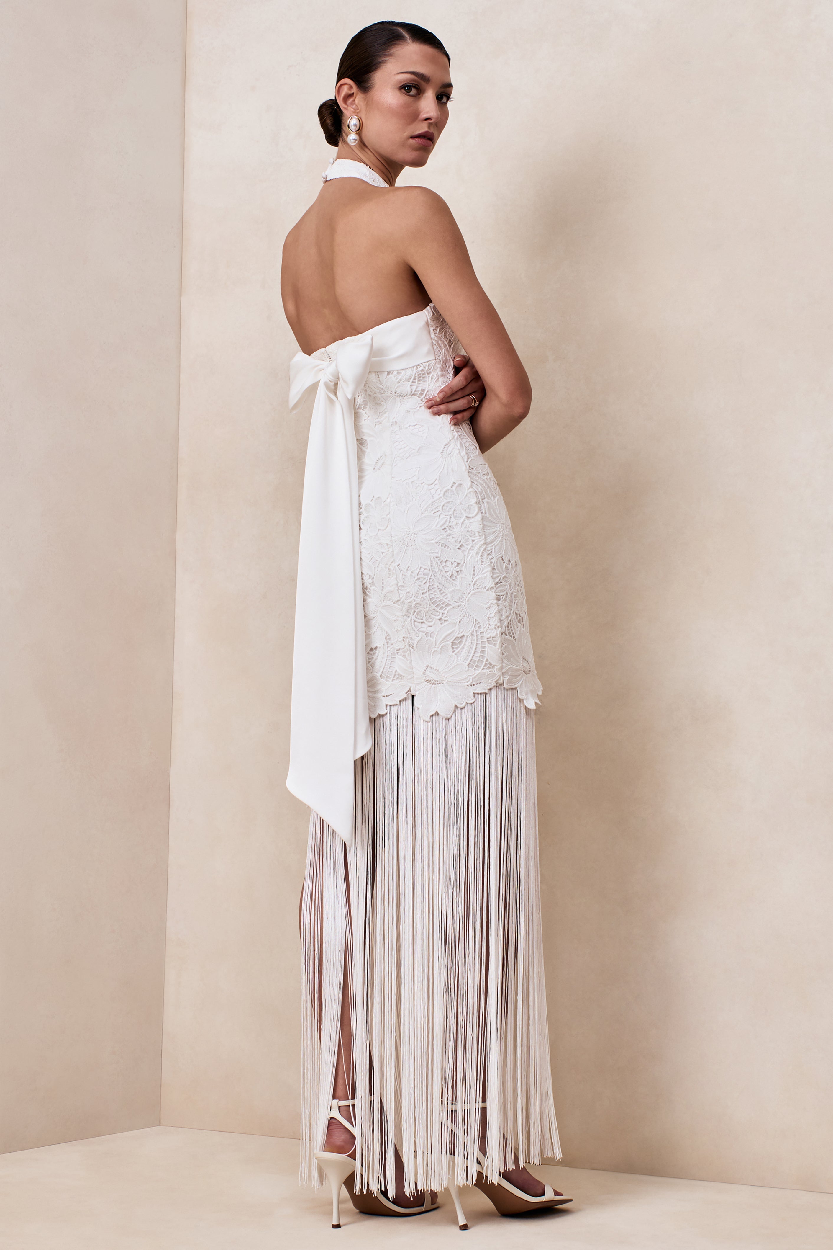 Skylar | White Lace Halter-Neck Maxi Dress With Open-Back And Bow Detail