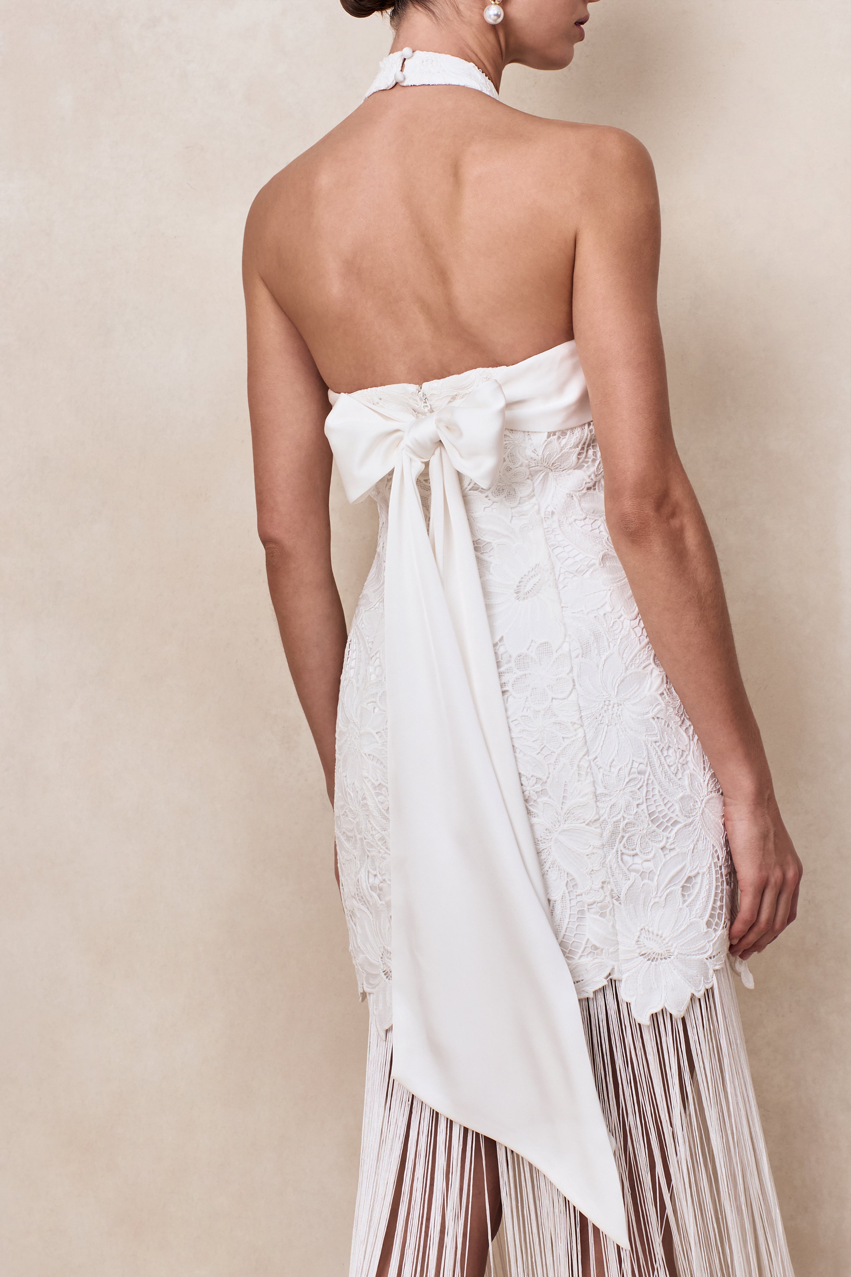 Skylar | White Lace Halter-Neck Maxi Dress With Open-Back And Bow Detail