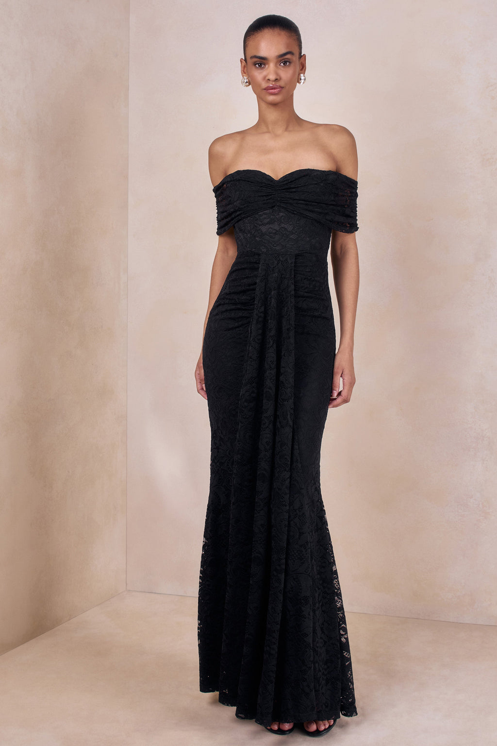 Aries | Black Lace Bardot-Neck Maxi Dress With Gathered Detailing