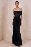 Aries | Black Lace Bardot-Neck Maxi Dress With Gathered Detailing