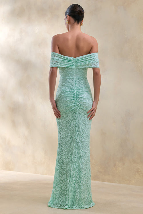 Aries | Mint Lace Bardot-Neck Maxi Dress With Gathered Detailing