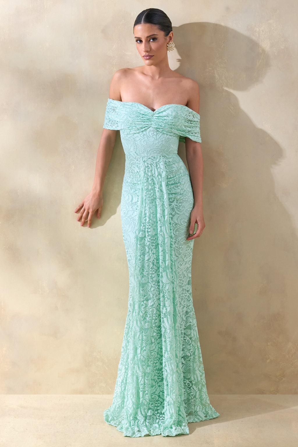 Aries | Mint Lace Bardot-Neck Maxi Dress With Gathered Detailing