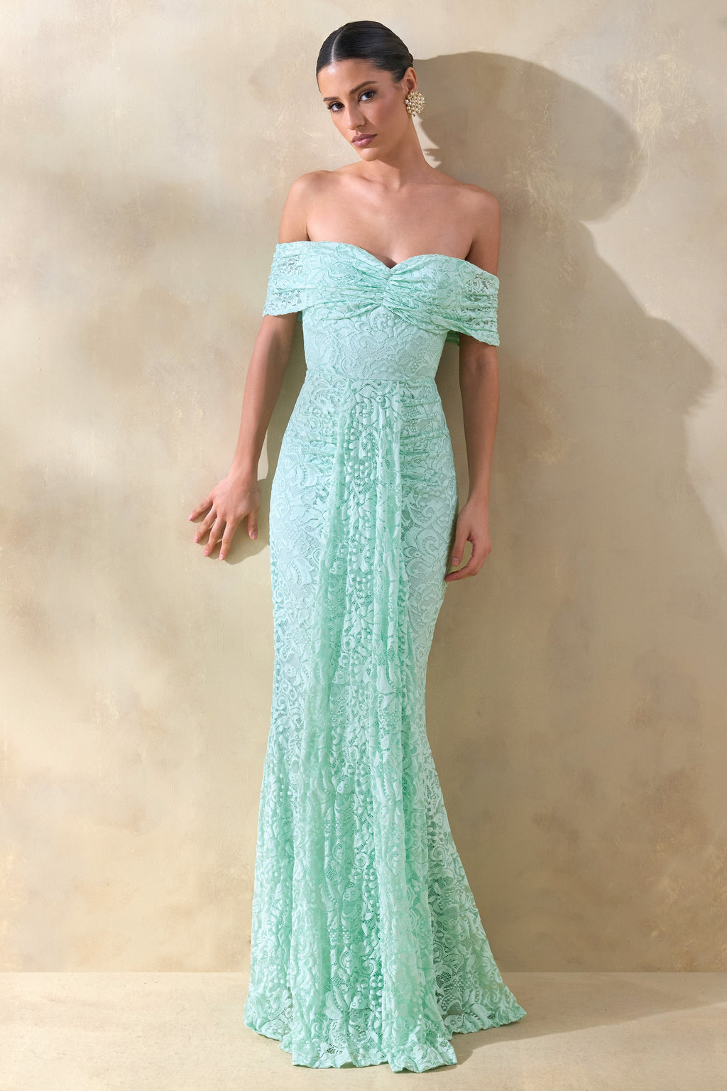 Aries | Mint Lace Bardot-Neck Maxi Dress With Gathered Detailing