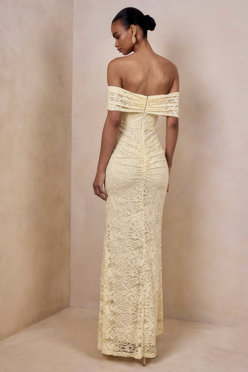 Aries | Lemon Lace Bardot-Neck Maxi Dress With Gathered Detailing