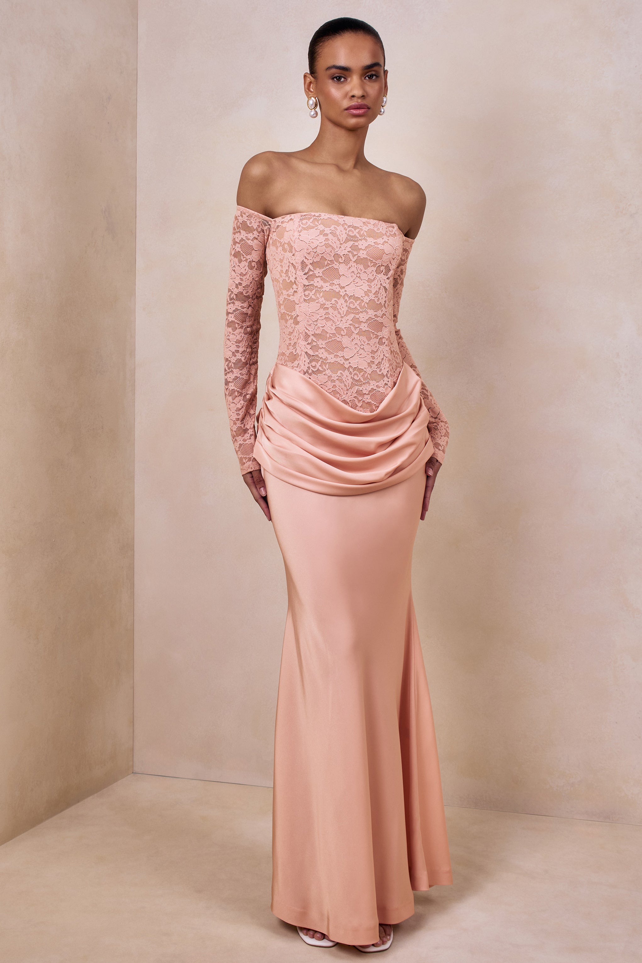 Rinna | Pink Lace And Satin Bardot-Neck Maxi Dress