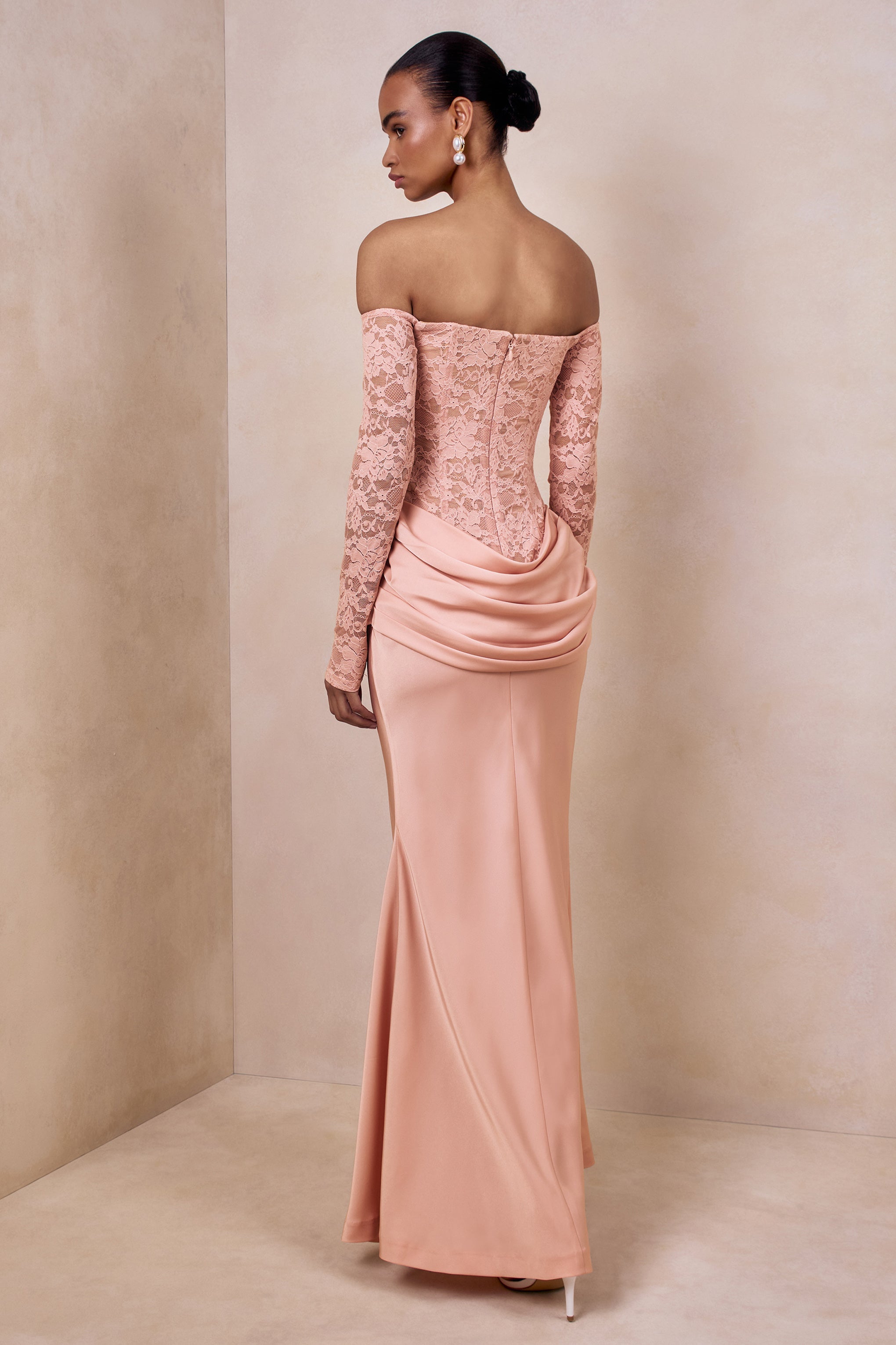 Rinna | Pink Lace And Satin Bardot-Neck Maxi Dress