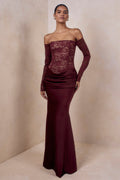 Rinna | Burgundy Lace Bardot-Neck Maxi Dress
