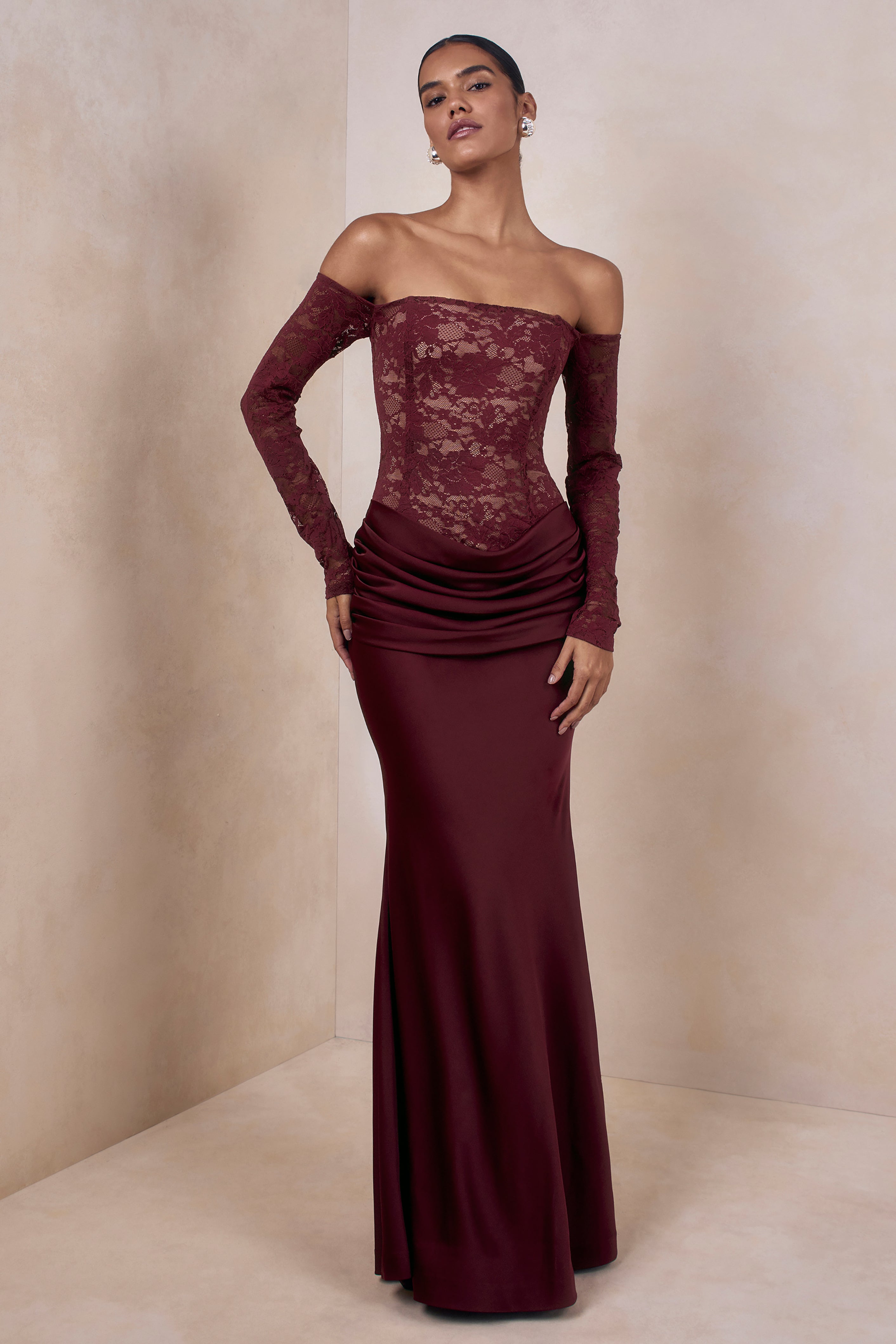 Rinna | Burgundy Lace Bardot-Neck Maxi Dress