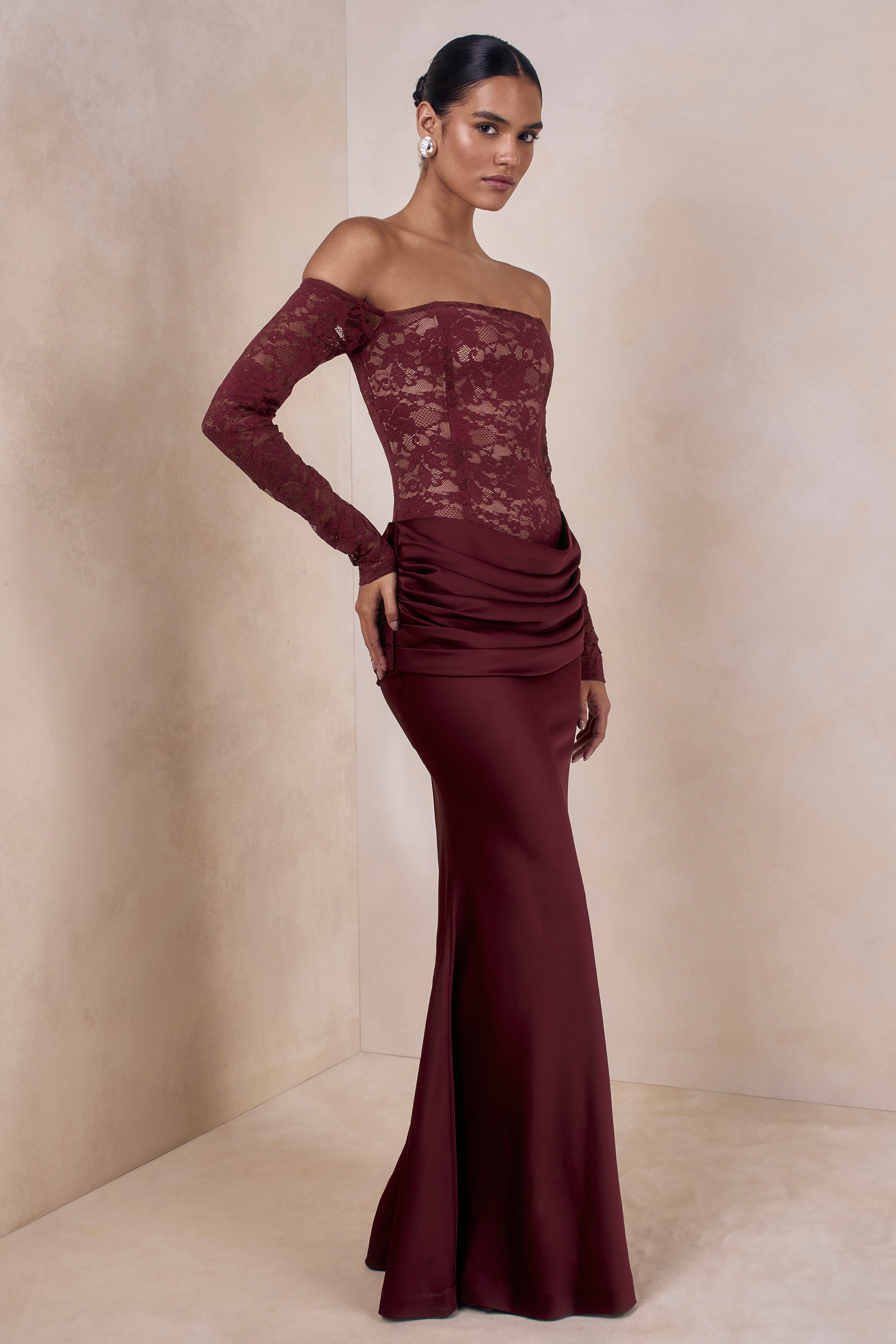 Rinna | Burgundy Lace Bardot-Neck Maxi Dress
