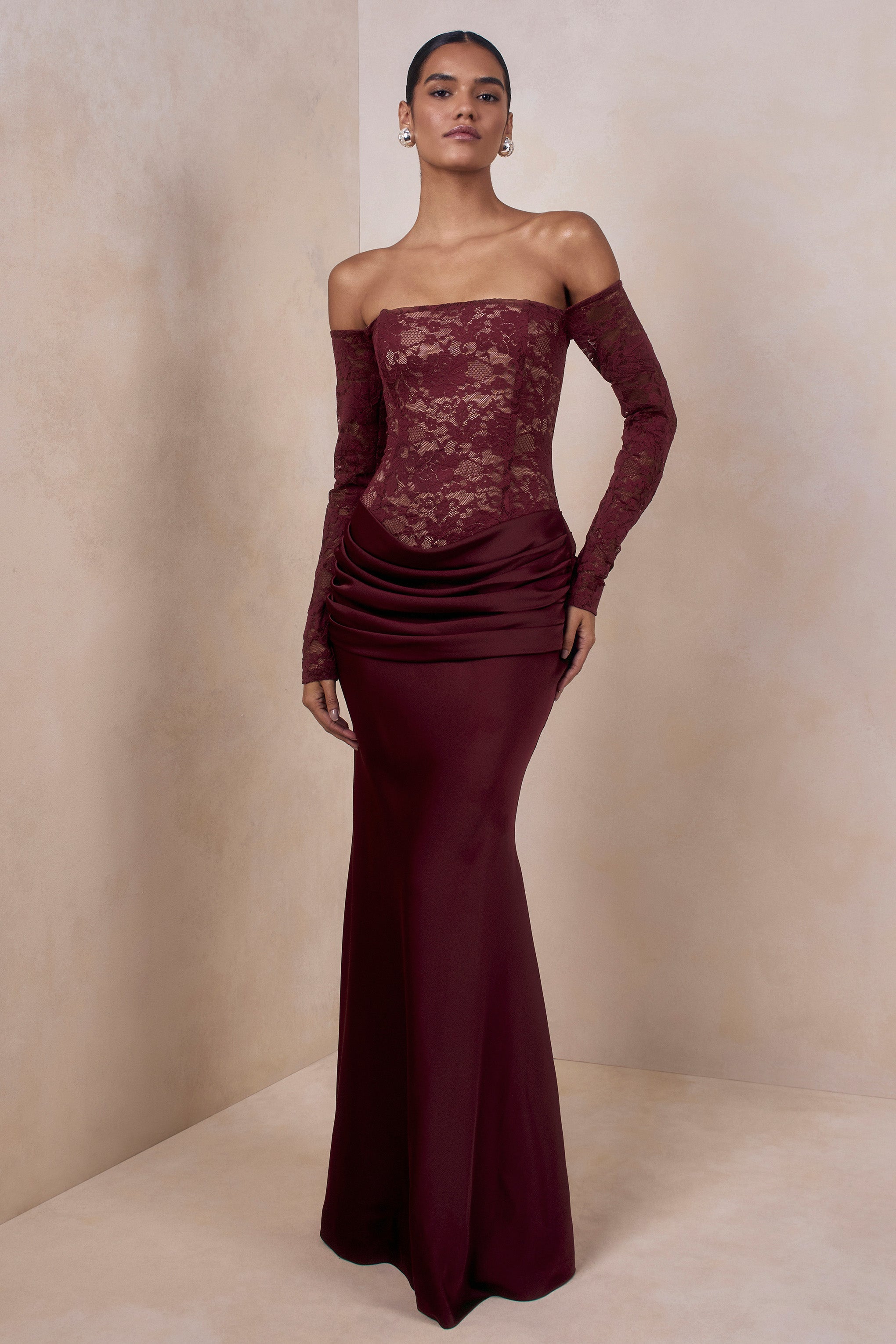 Rinna | Burgundy Lace Bardot-Neck Maxi Dress