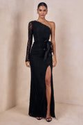 Norna | Black Lace Asymmetric-Neck Maxi Dress With Cut-Out And Bow Details