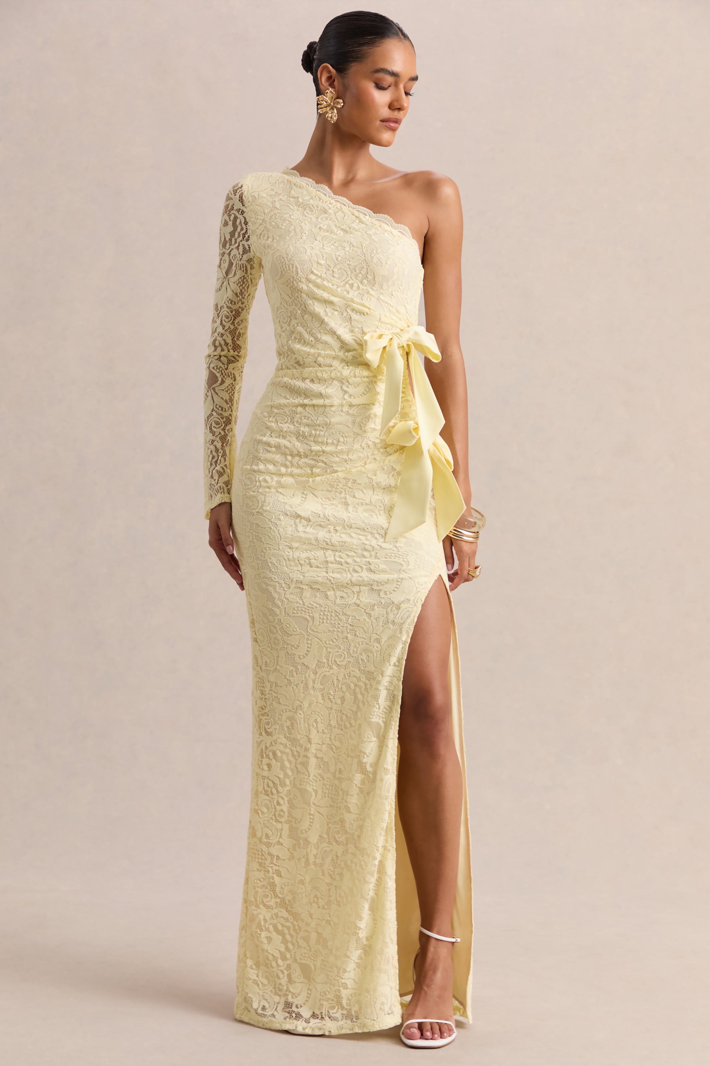 Norna | Lemon Lace Asymmetric-Neck Maxi Dress With Cut-Out And Bow Details