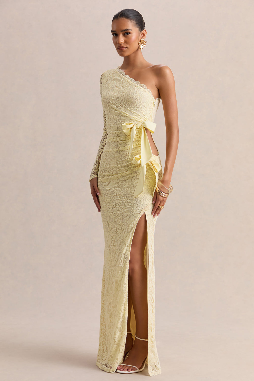 Norna | Lemon Lace Asymmetric-Neck Maxi Dress With Cut-Out And Bow Details