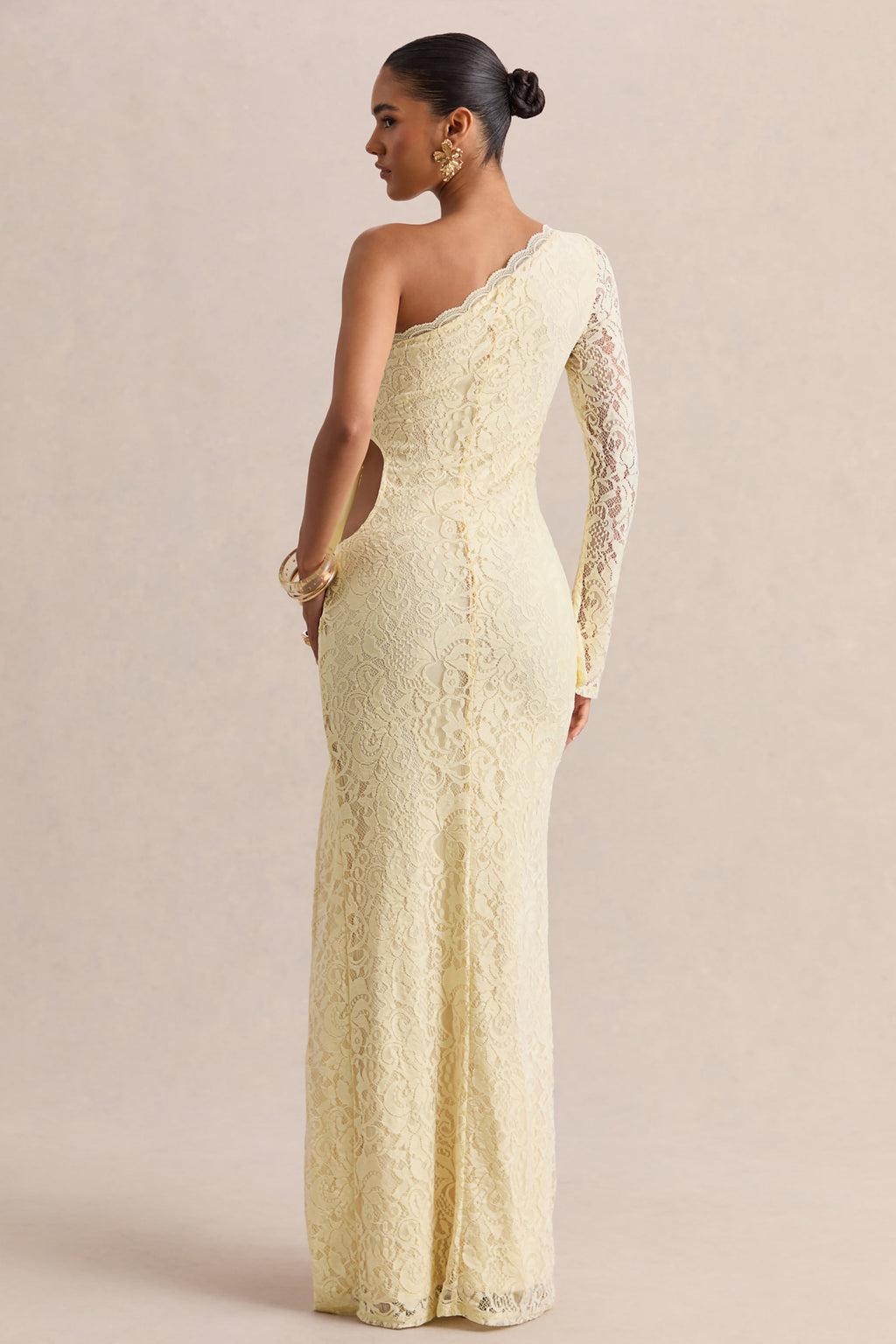 Norna | Lemon Lace Asymmetric-Neck Maxi Dress With Cut-Out And Bow Details