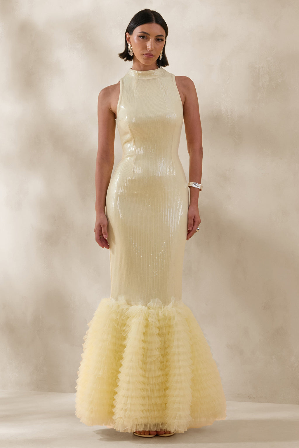 Teila | Lemon Sequin High-Neck Fishtail Maxi Dress