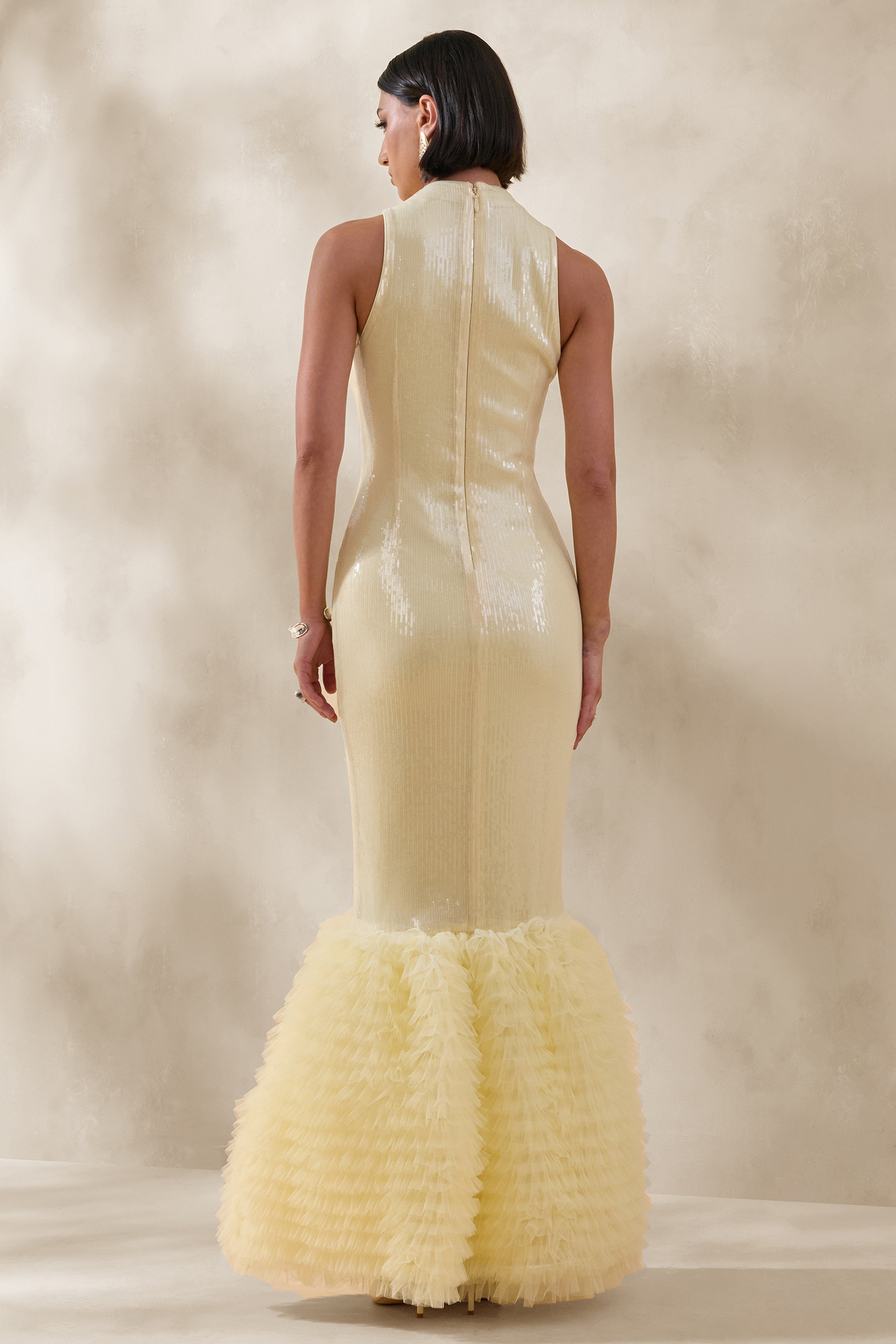 Teila | Lemon Sequin High-Neck Fishtail Maxi Dress