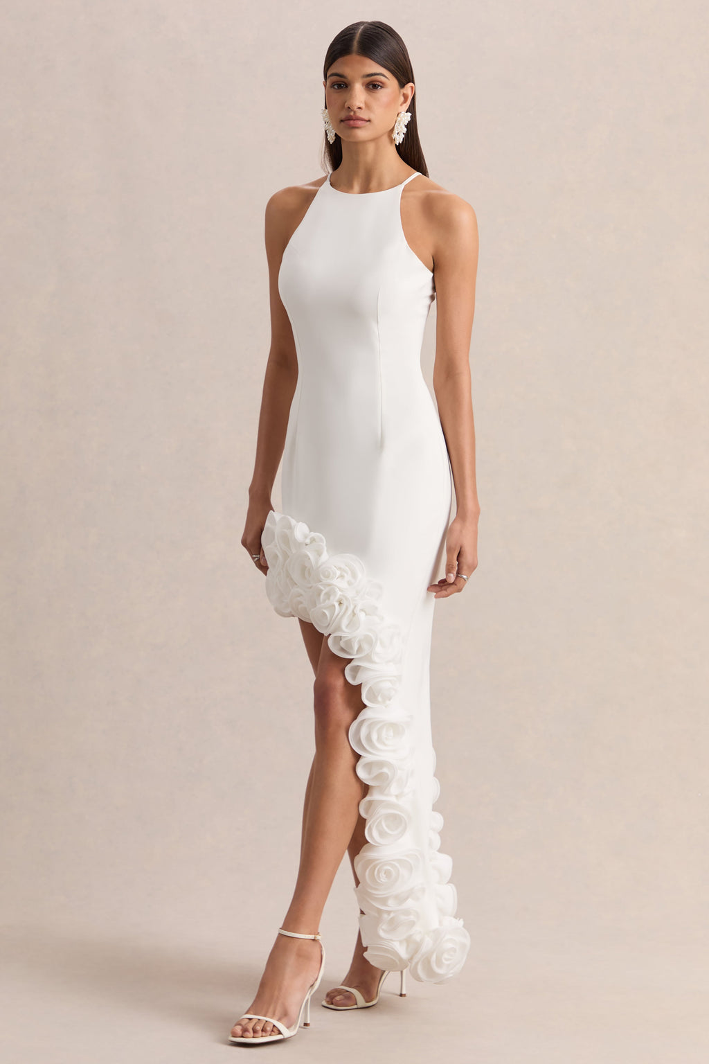 Indira | White Halter-Neck Maxi Dress With Asymmetric-Floral Hem