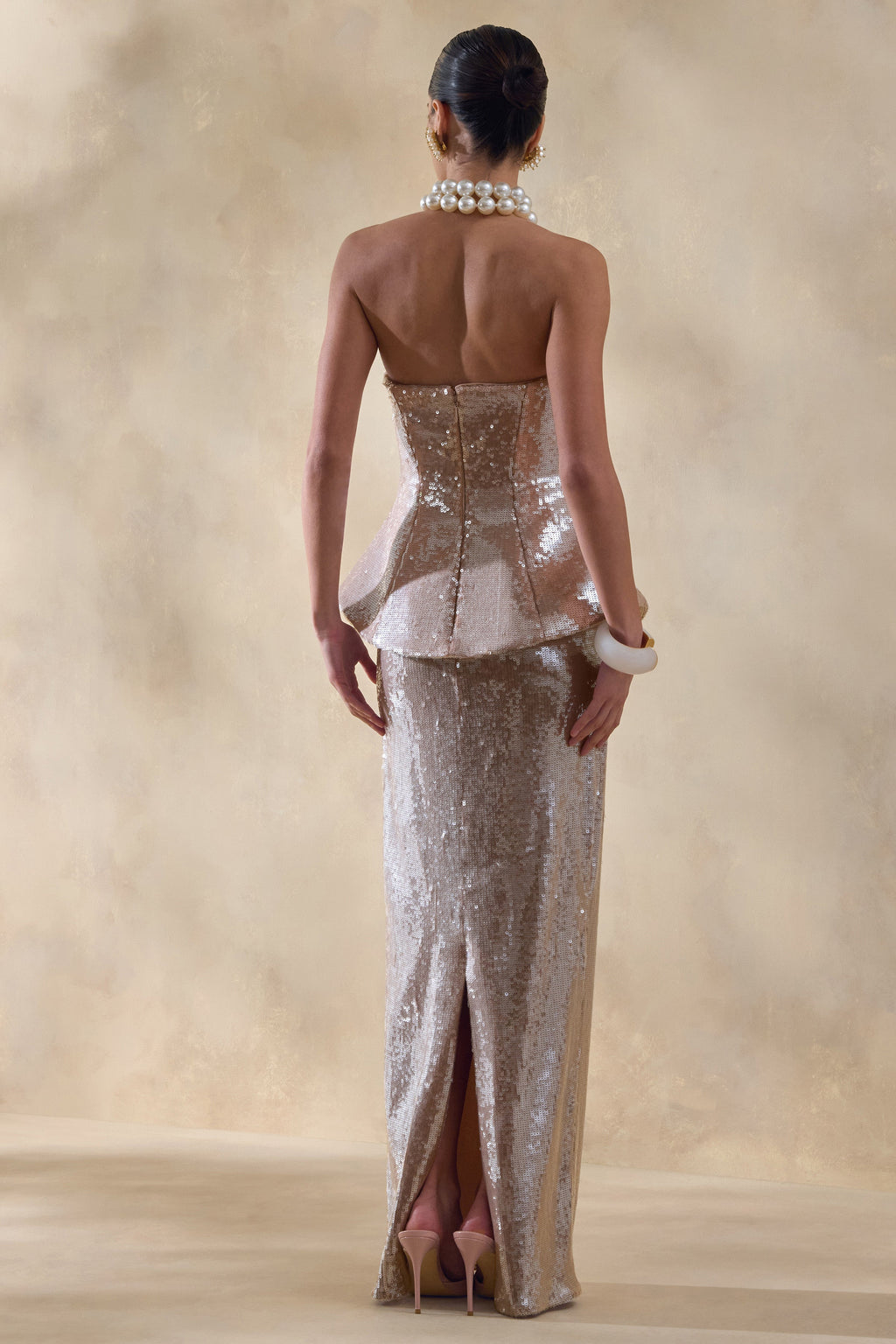 Dalisse | Nude Sequin Bandeau Corset Maxi Dress