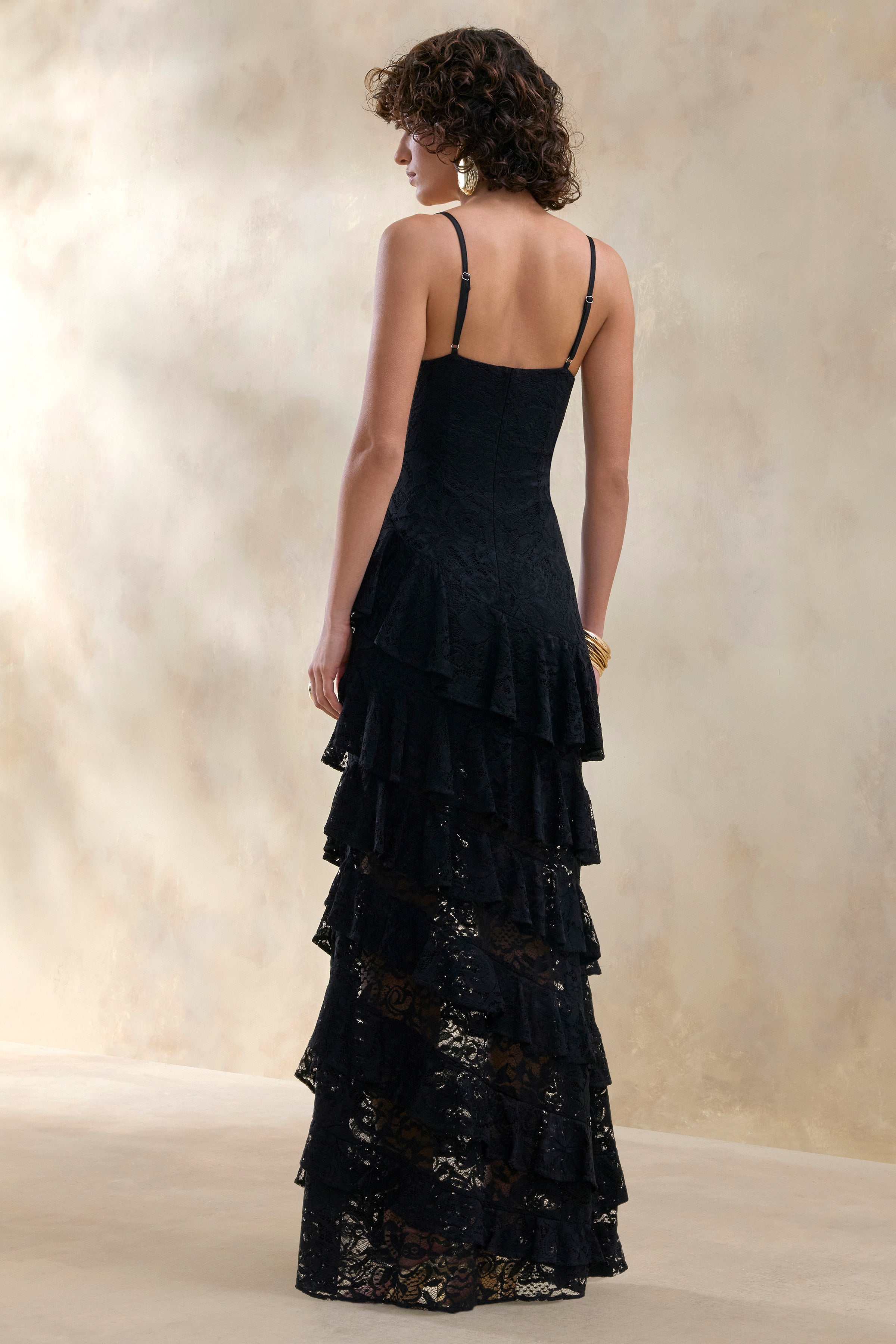 Avelisse | Black Lace Plunge-Neck Maxi Dress With Ruffled Detailing