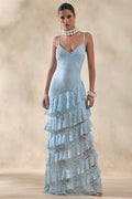 Avelisse | Blue Lace Plunge-Neck Maxi Dress With Ruffled Detailing