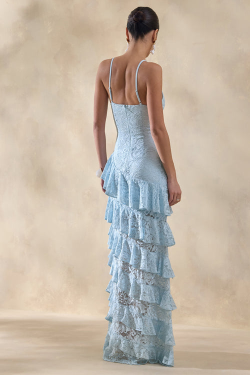 Avelisse | Blue Lace Plunge-Neck Maxi Dress With Ruffled Detailing