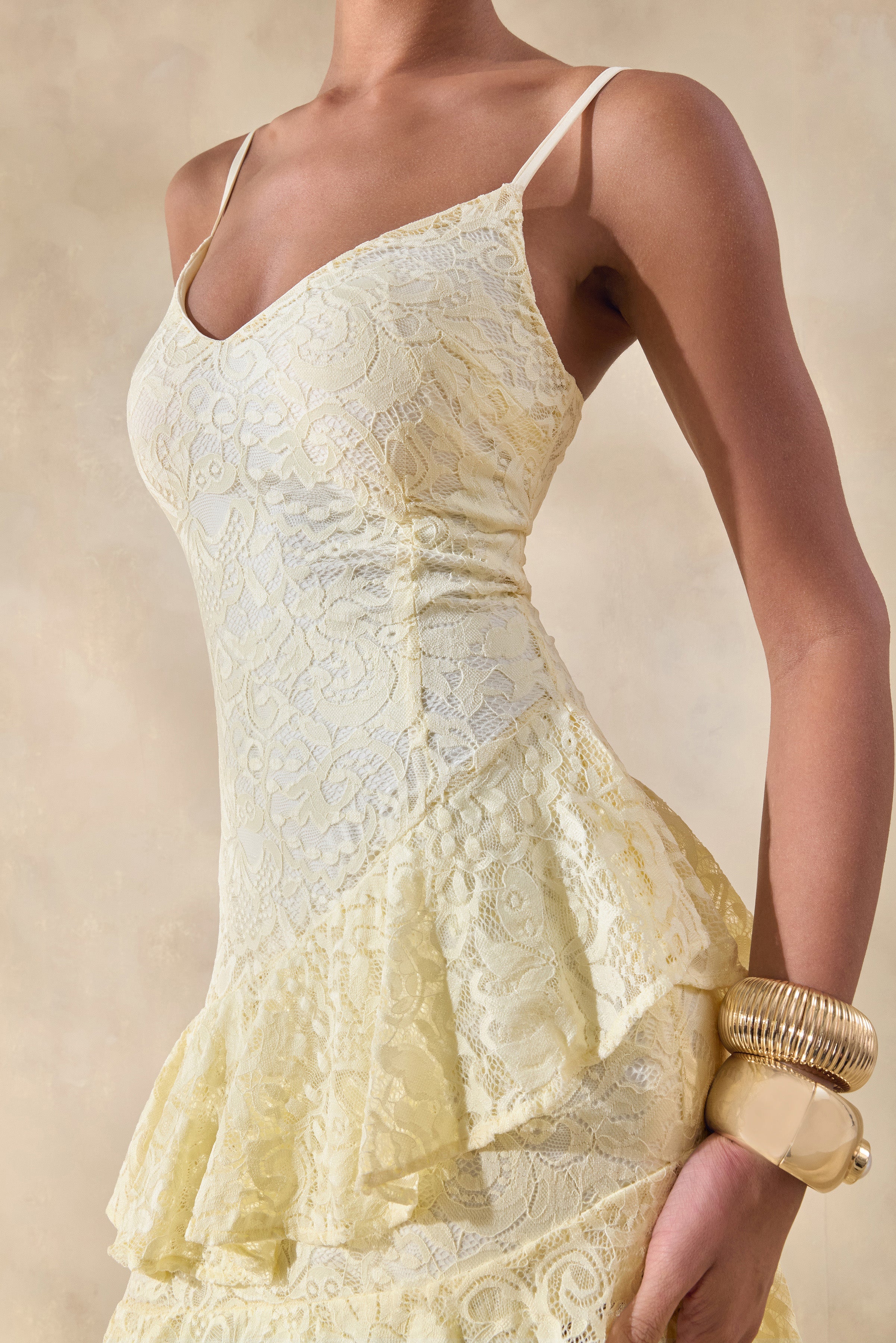 Avelisse | Lemon Lace Plunge-Neck Maxi Dress With Ruffled Detailing