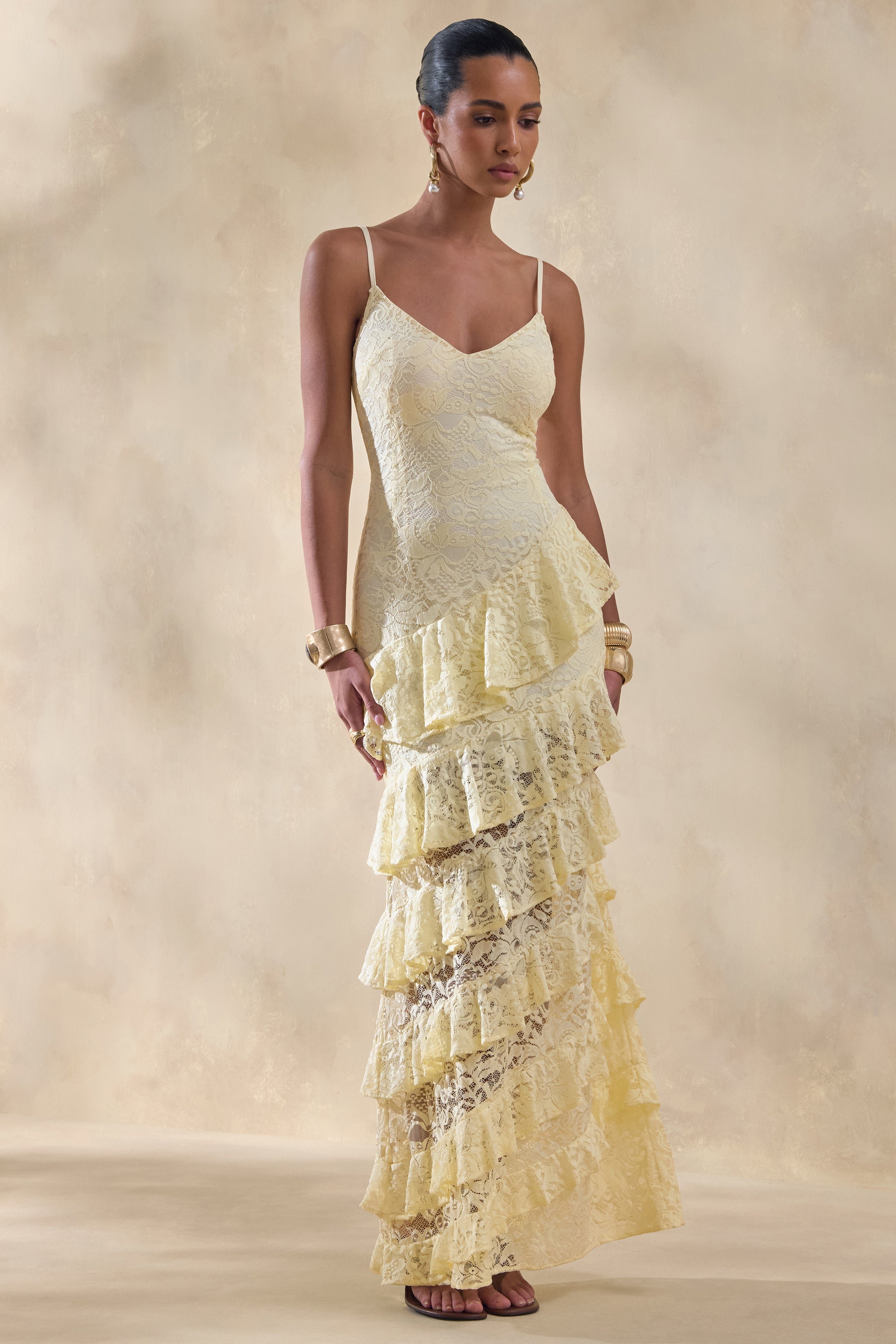 Avelisse | Lemon Lace Plunge-Neck Maxi Dress With Ruffled Detailing