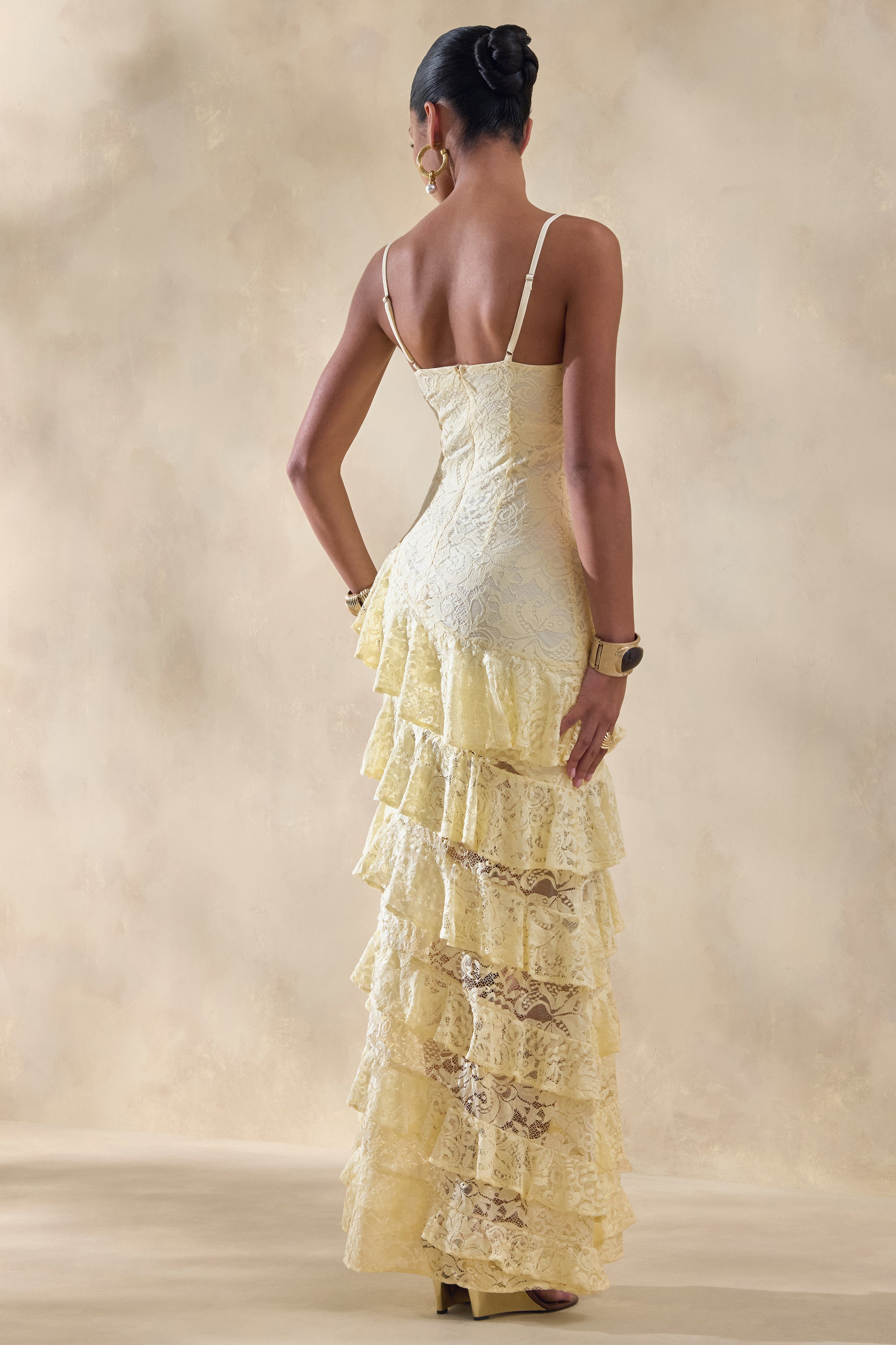 Avelisse | Lemon Lace Plunge-Neck Maxi Dress With Ruffled Detailing