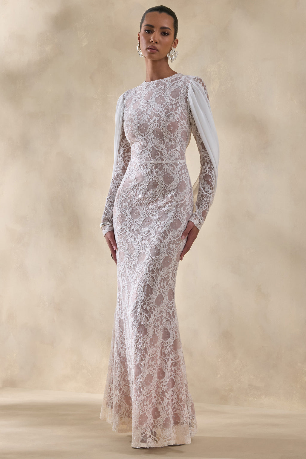 Nabina | White Lace Crew-Neck Maxi Dress With Draped Back-Detail