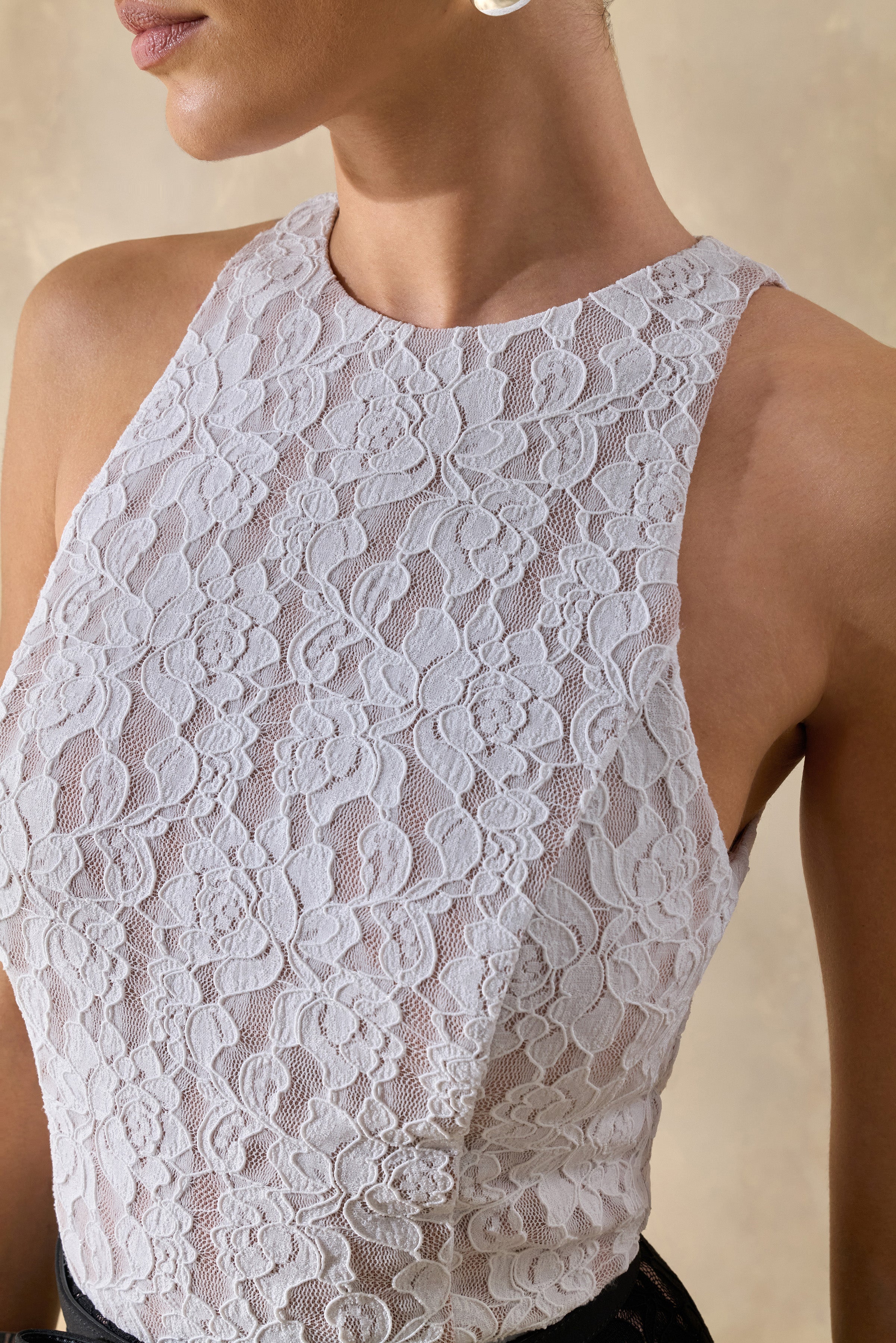 Vionna | Black And White Lace High-Neck Midi Dress With Bow-Belt Detail
