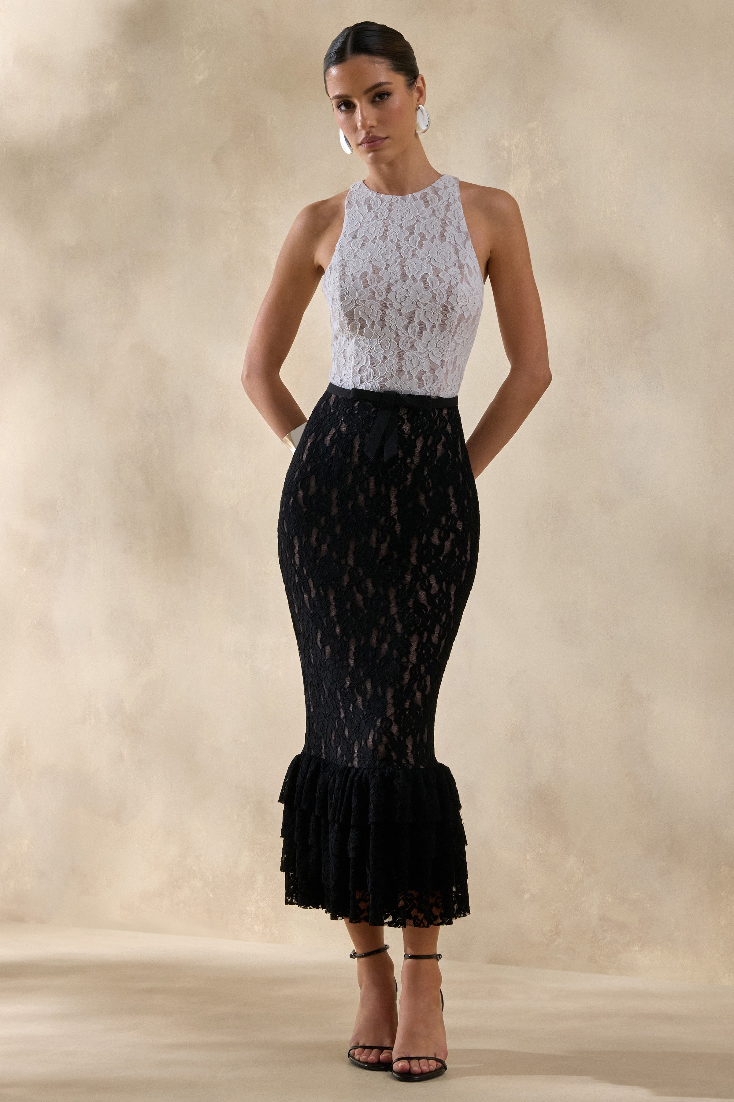 Vionna | Black And White Lace High-Neck Midi Dress With Bow-Belt Detail