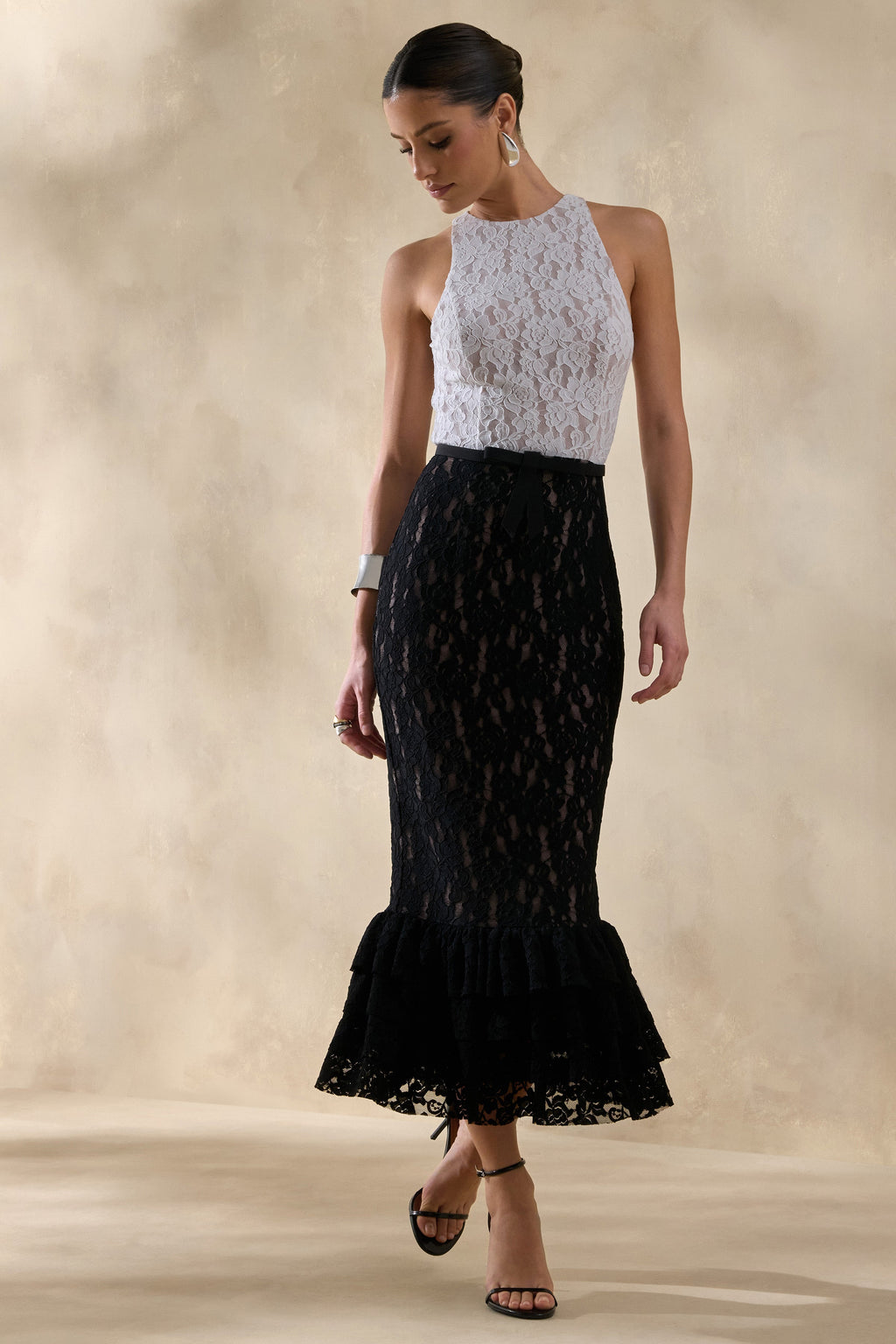 Vionna | Black And White Lace High-Neck Midi Dress With Bow-Belt Detail